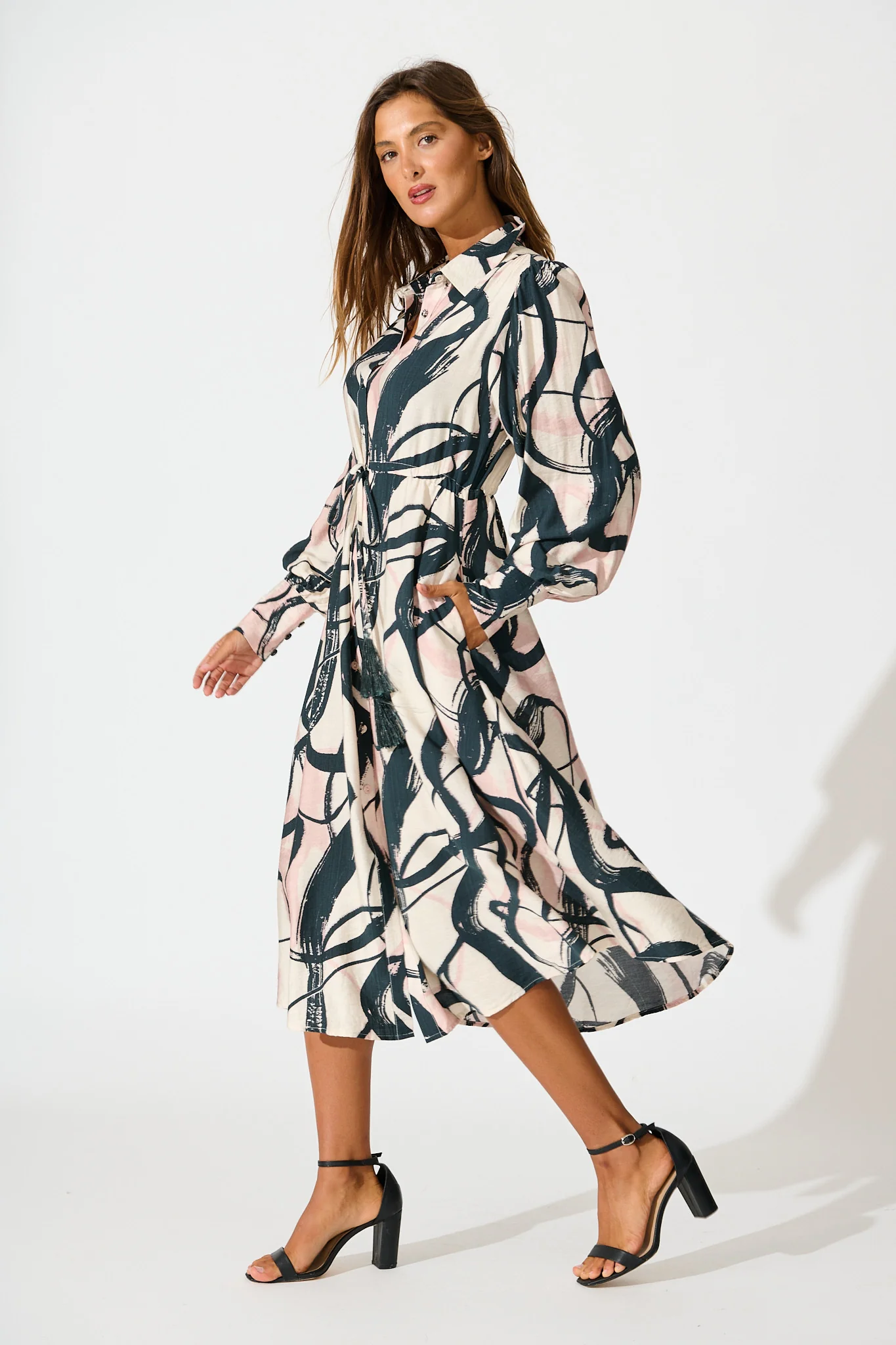 Impulse Midi Shirt Dress in Cream Multi Print - Image 3