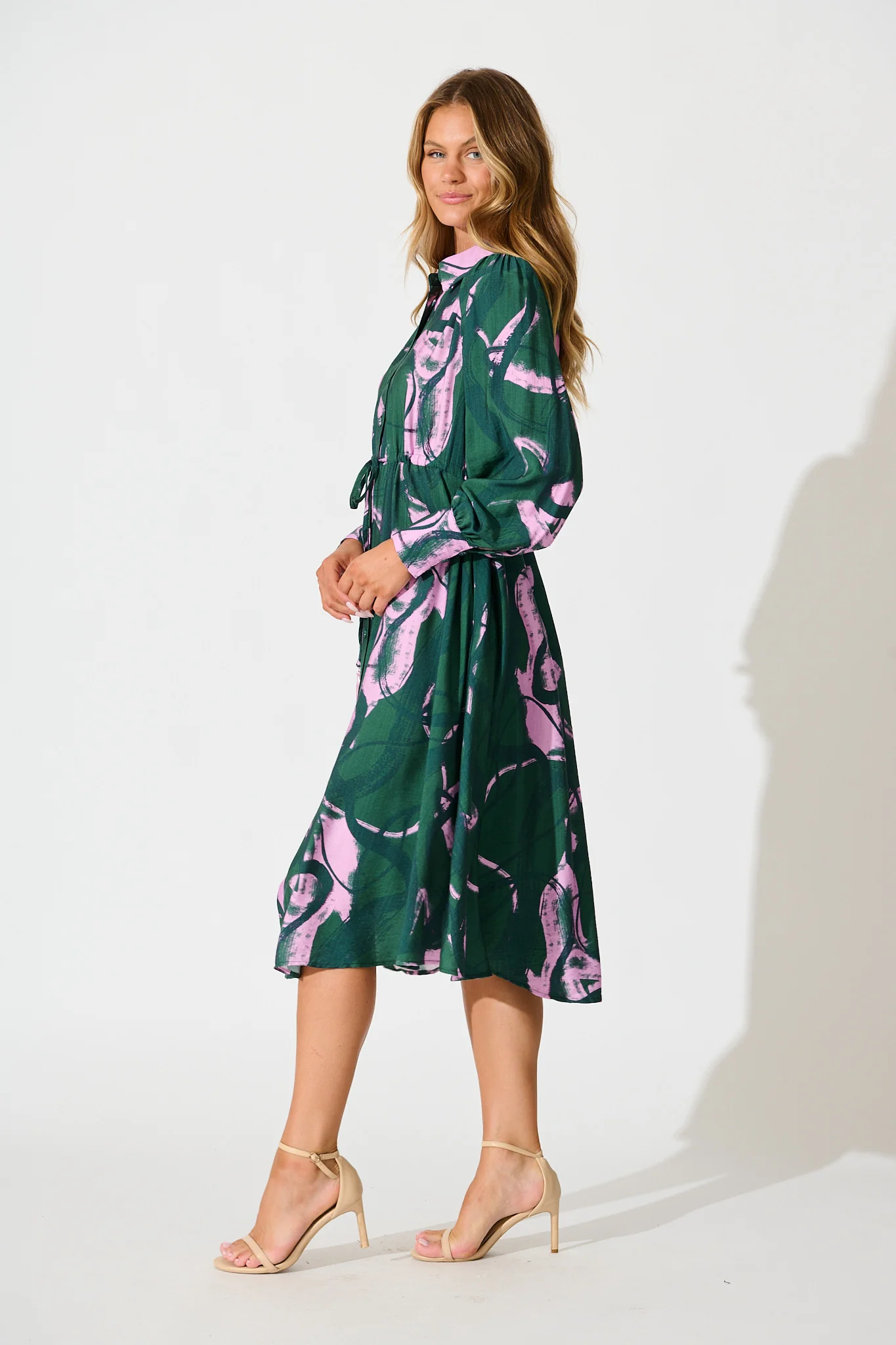Impulse Midi Shirt Dress in Green Multi Print - Image 3