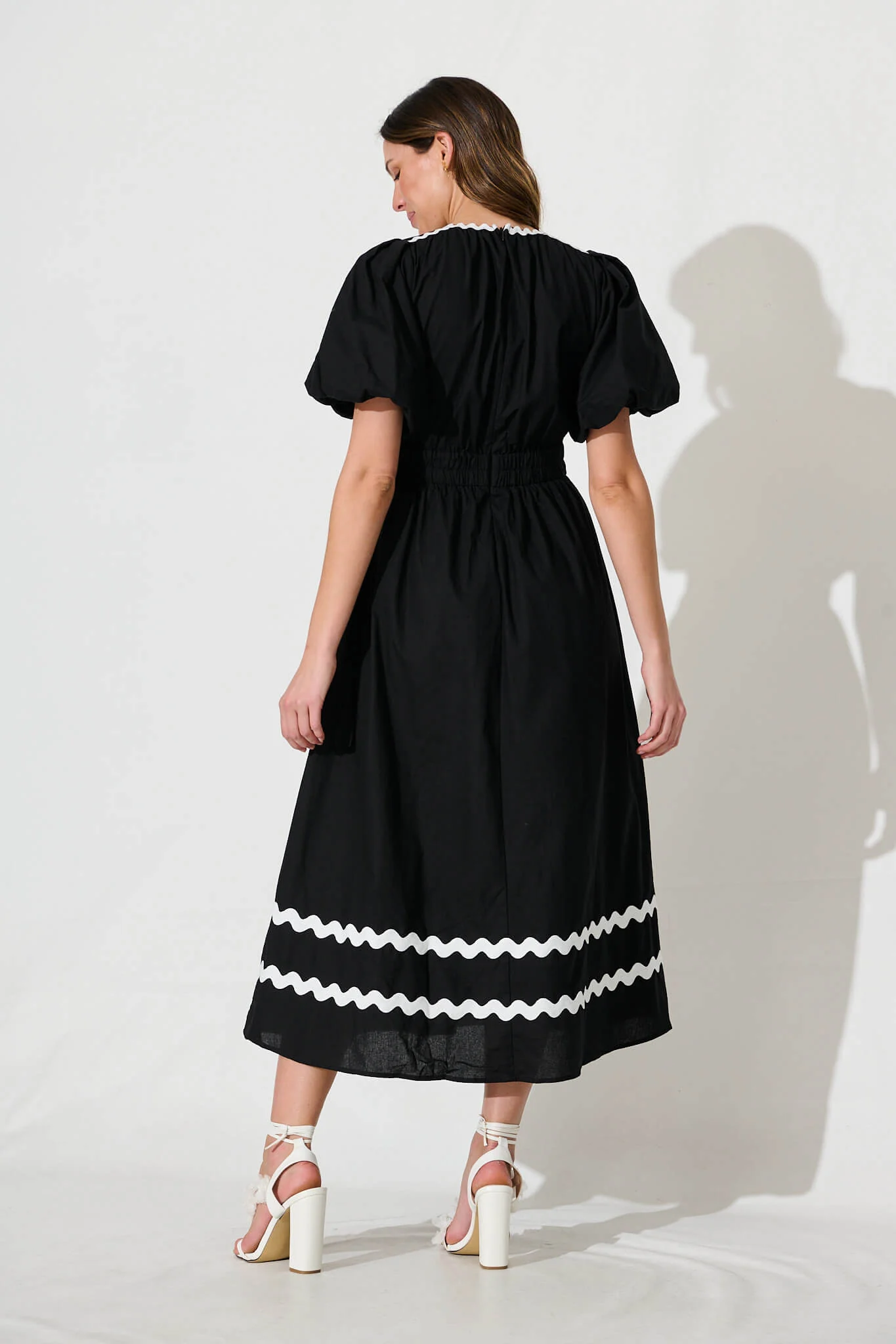 Indi Maxi Dress In Black With White Ric Rac Trim Cotton - Image 4