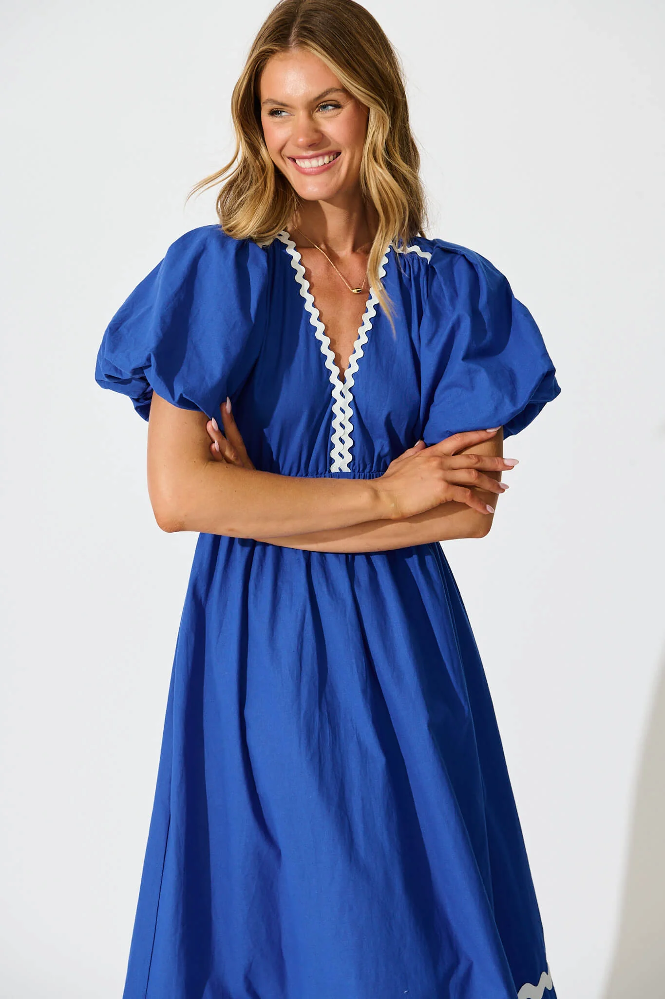 Indi Maxi Dress in Cobalt with White Ric Rac Trim Cotton - Image 2