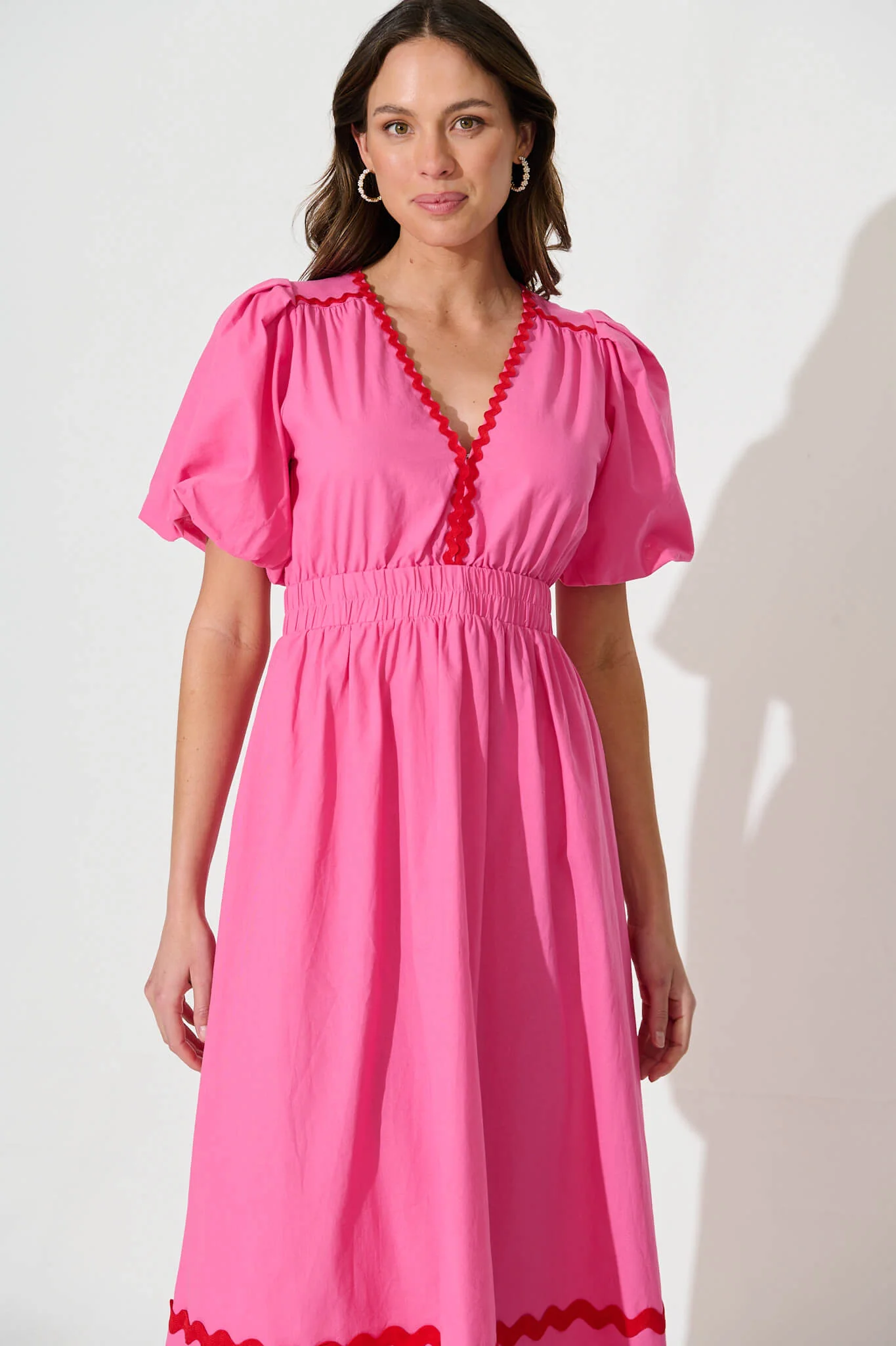 Indi Maxi Dress In Pink With Red Ric Rac Trim Cotton - Image 2
