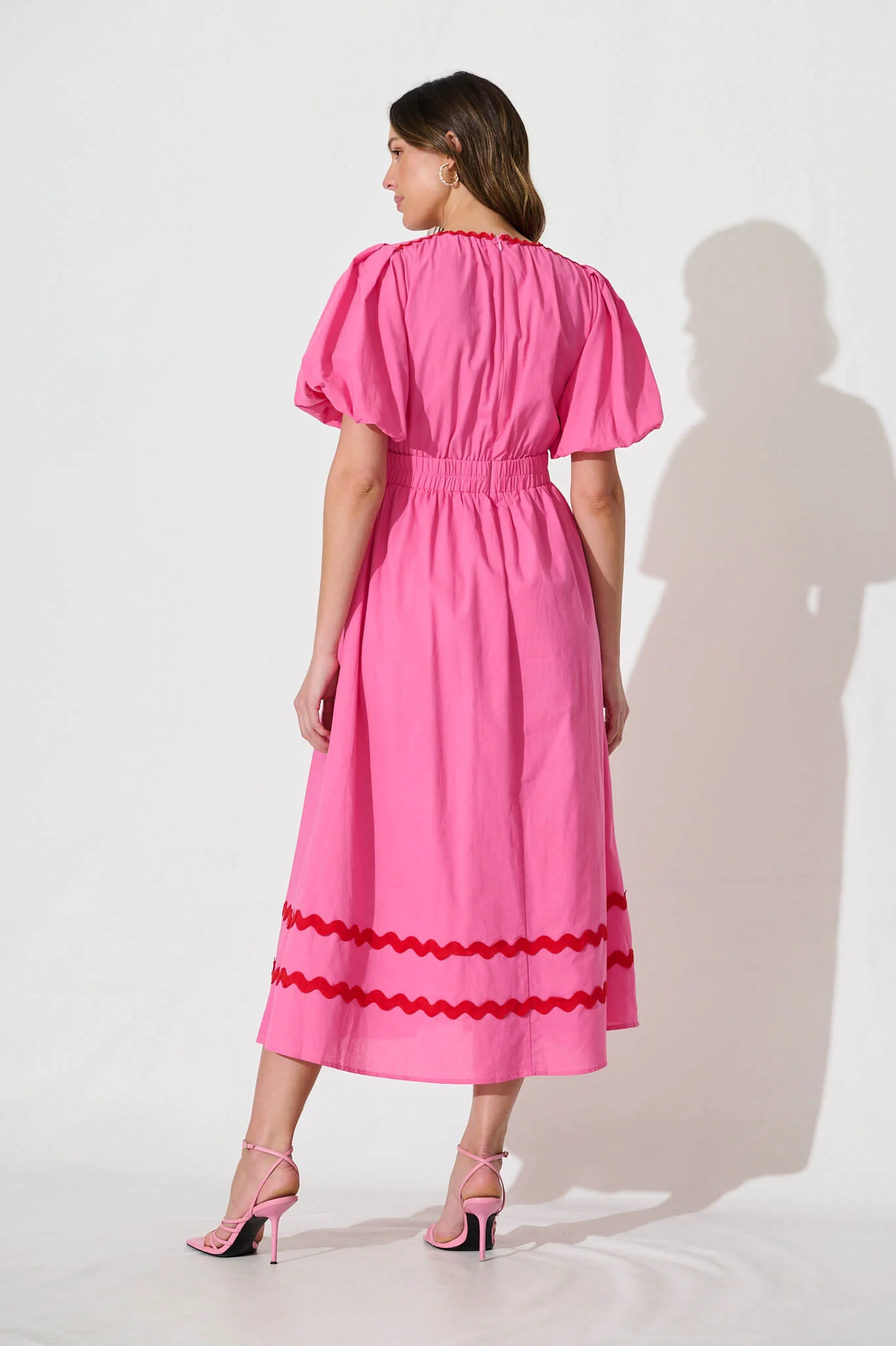 Indi Maxi Dress In Pink With Red Ric Rac Trim Cotton - Image 4