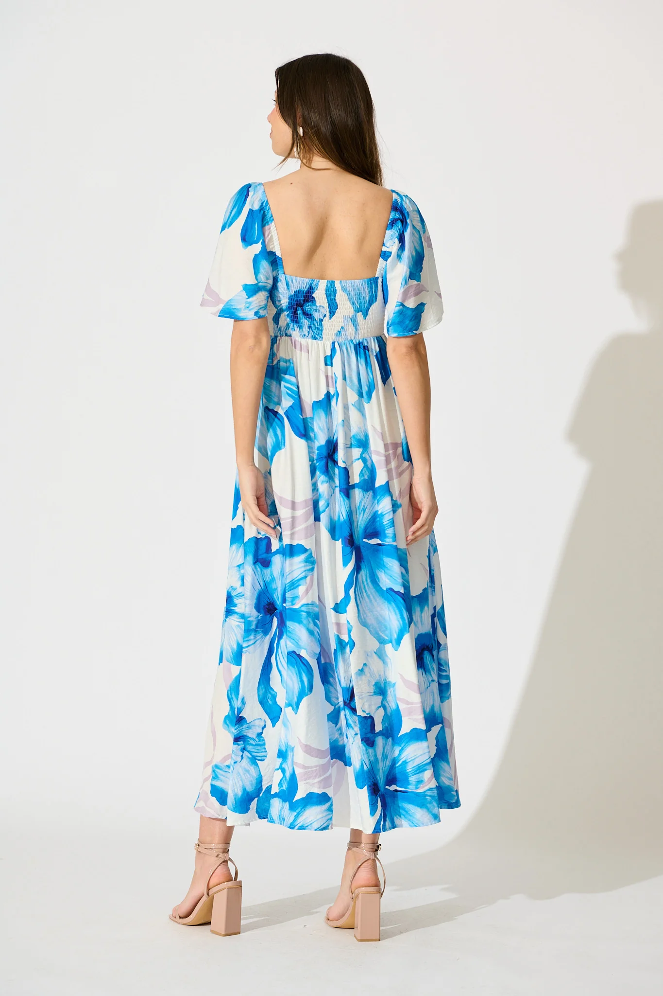 Indira Maxi Dress in White with Blue Floral - Image 4