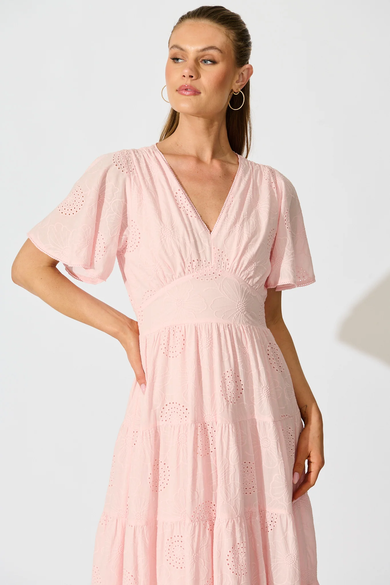 Indra Tierred Maxi Dress In Pink Embroidered Cotton - Image 2