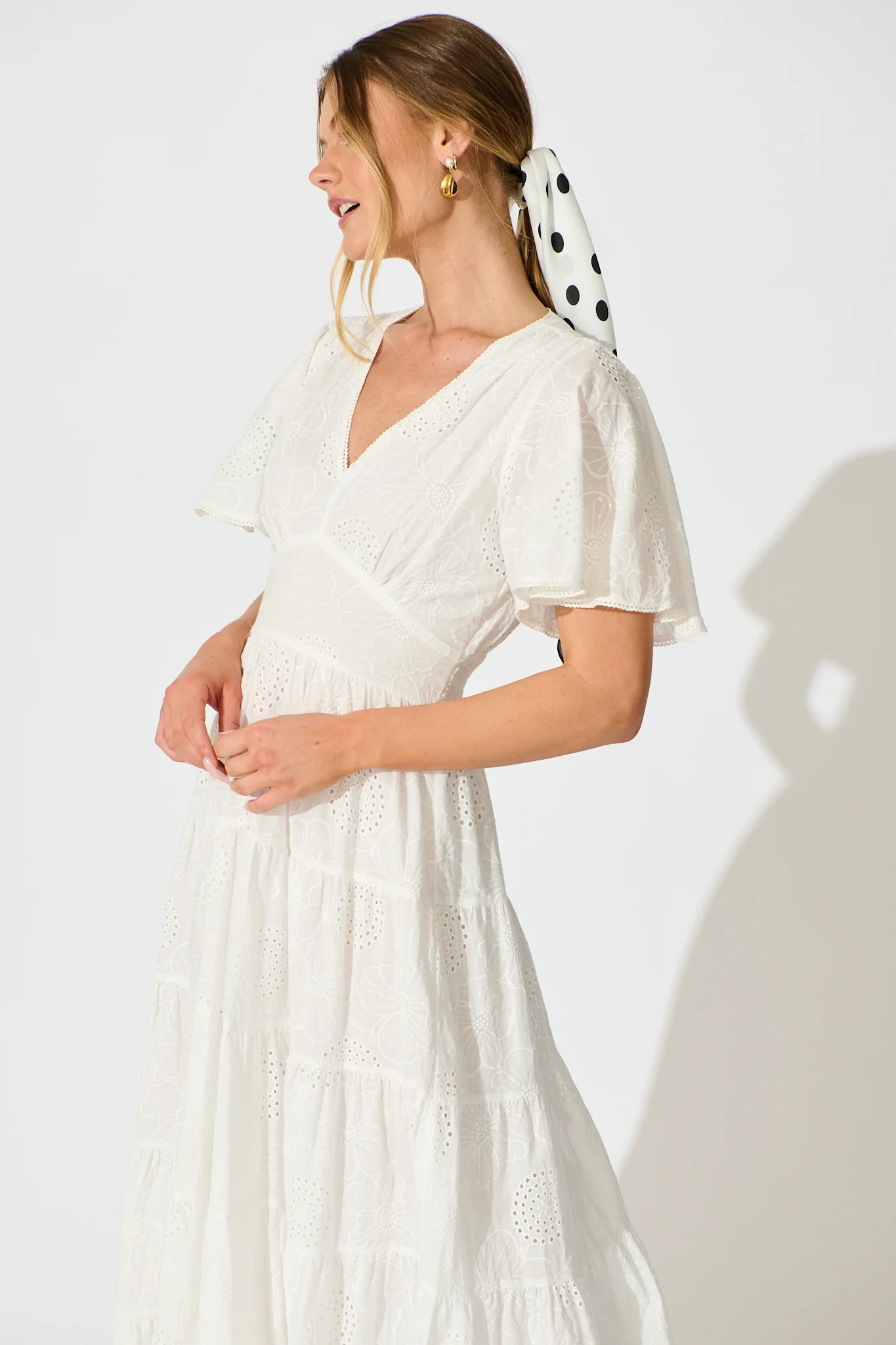 Indra Tierred Maxi Dress In White Embroidered Cotton - Image 2