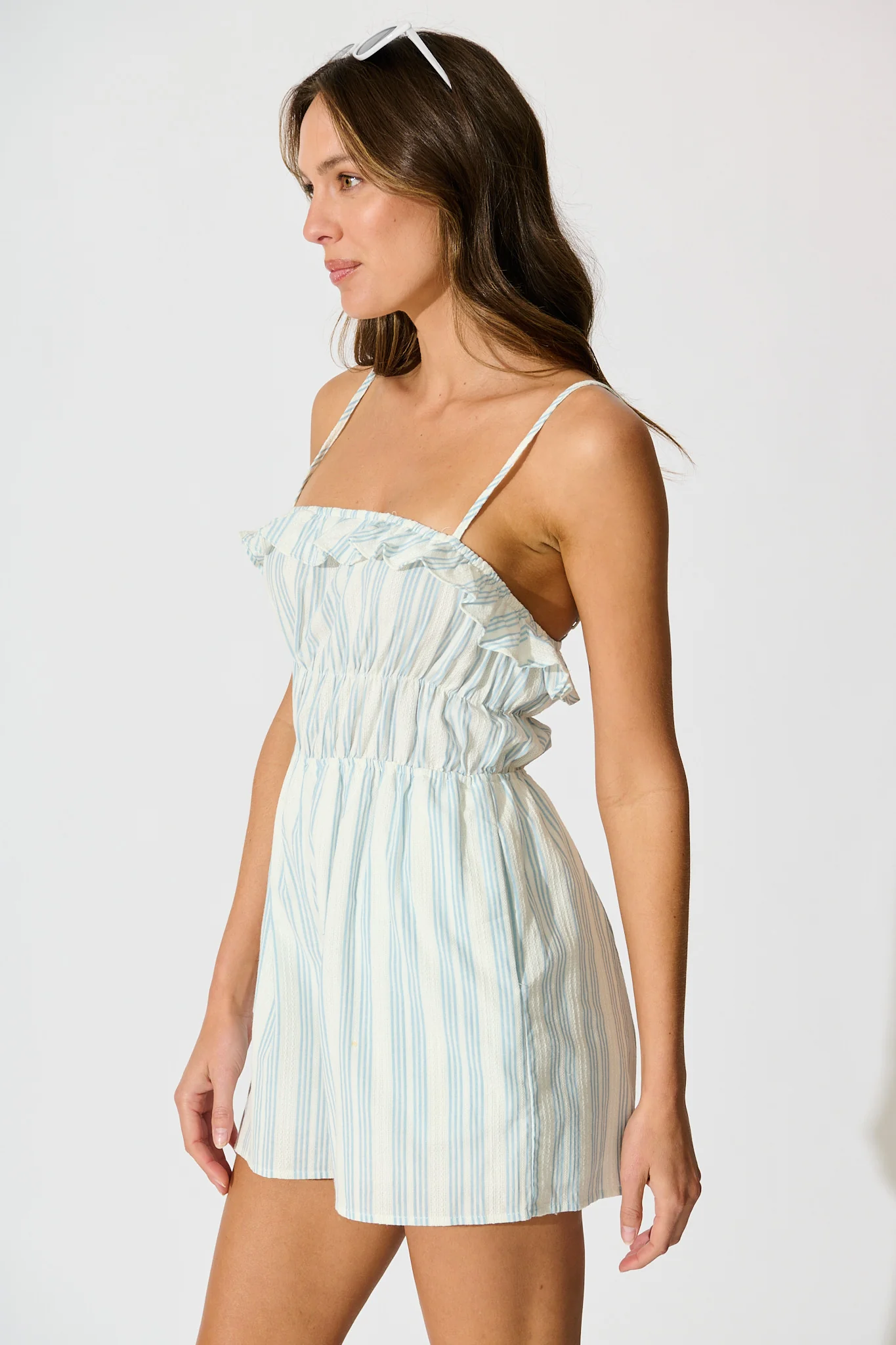 Inez Playsuit in White with Light Blue Stripe Cotton Blend - Image 3