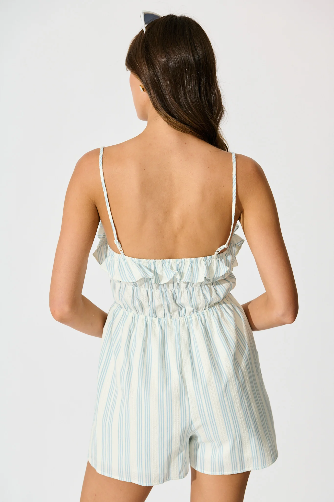 Inez Playsuit in White with Light Blue Stripe Cotton Blend - Image 4