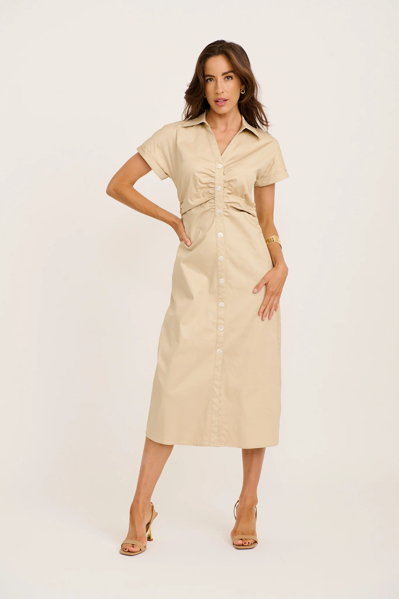 Inspiring Midi Shirt Dress in Beige Cotton Blend - Image 3