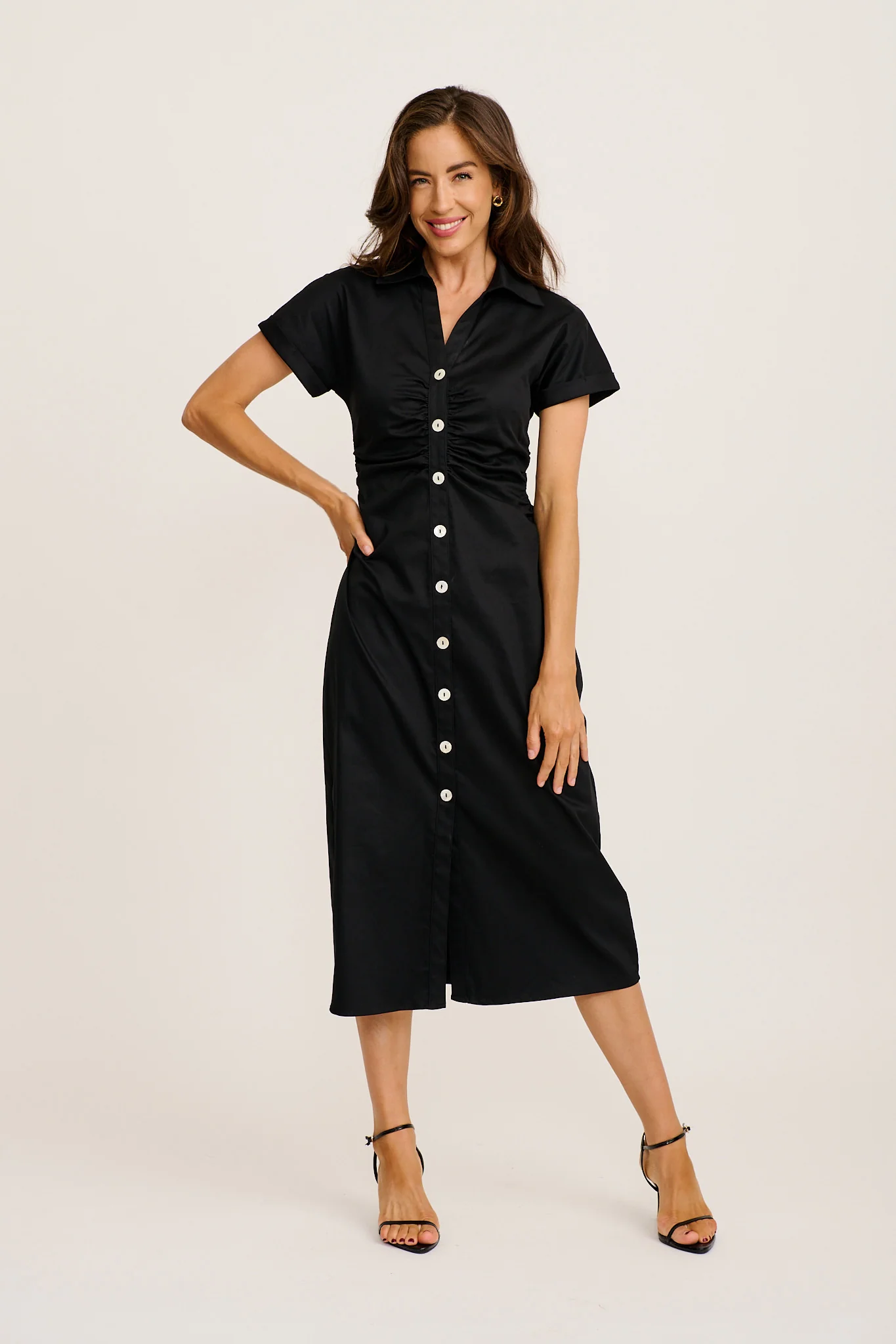 Inspiring Midi Shirt Dress in Black Cotton Blend - Image 3