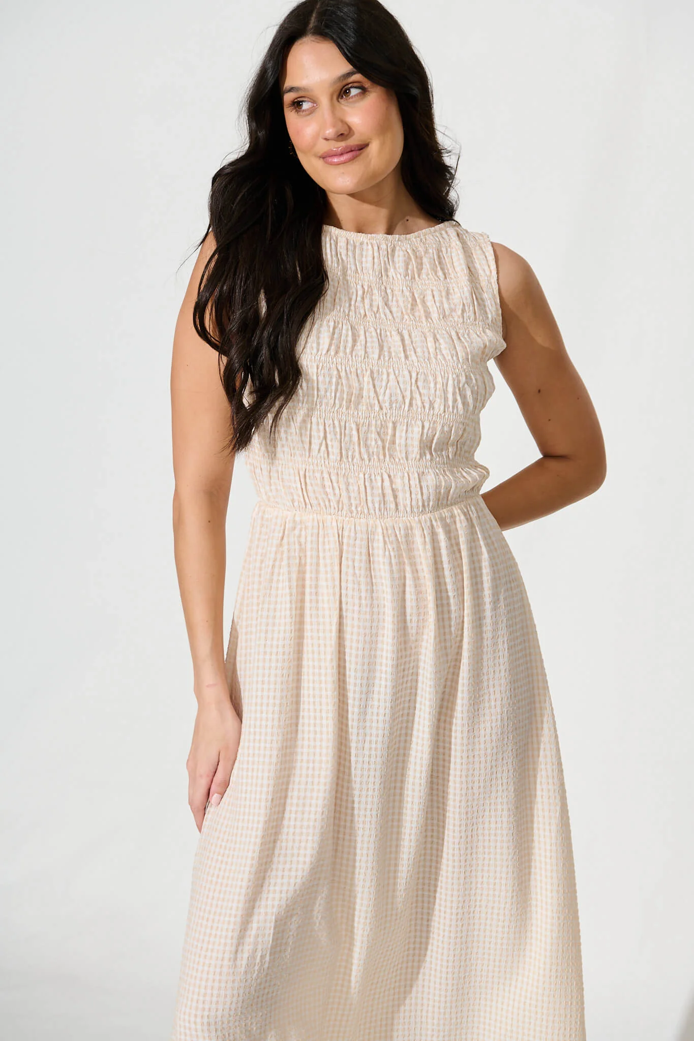 Ionia Maxi Dress in Beige and White Gingham - Image 2