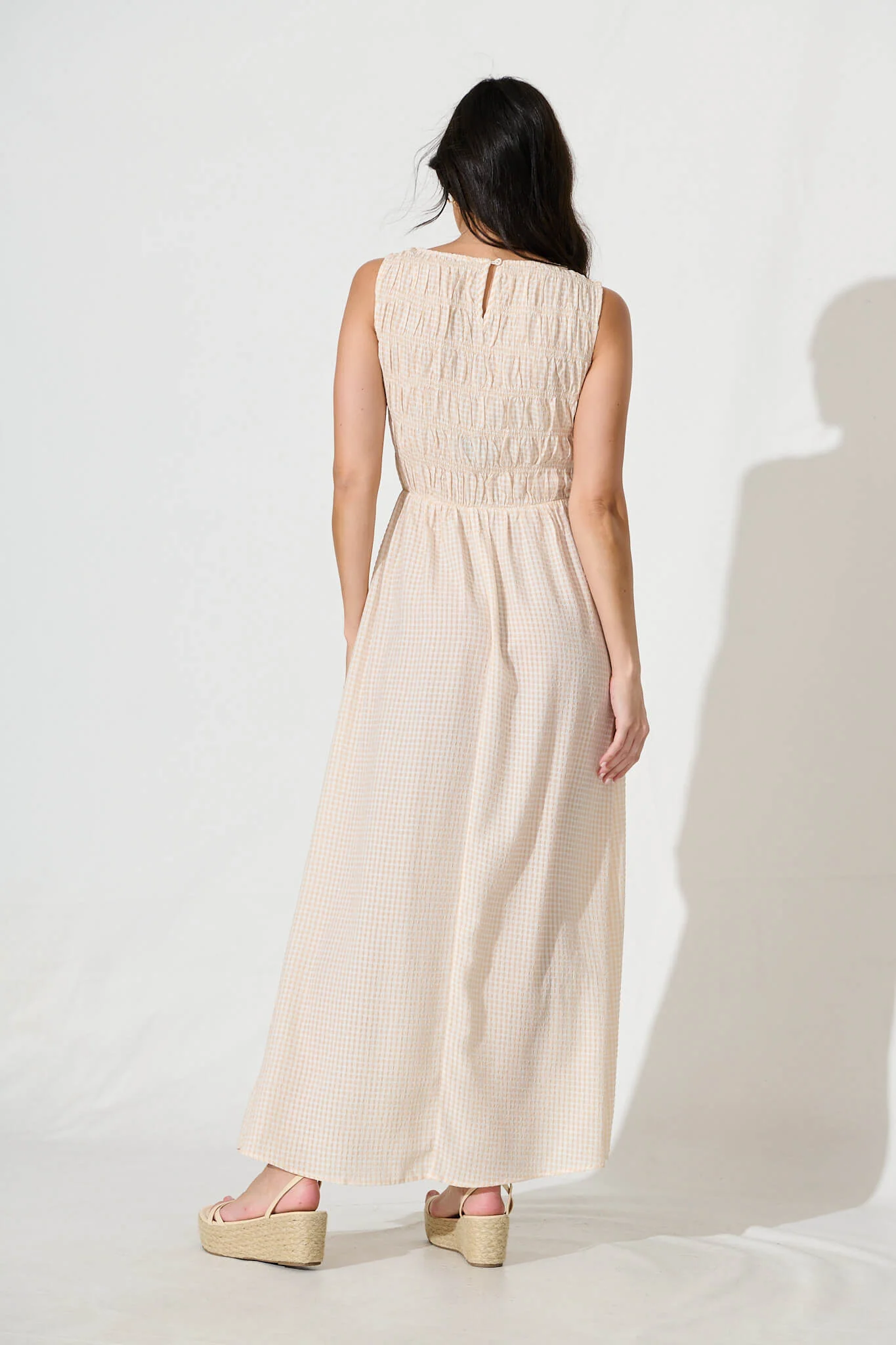 Ionia Maxi Dress in Beige and White Gingham - Image 4
