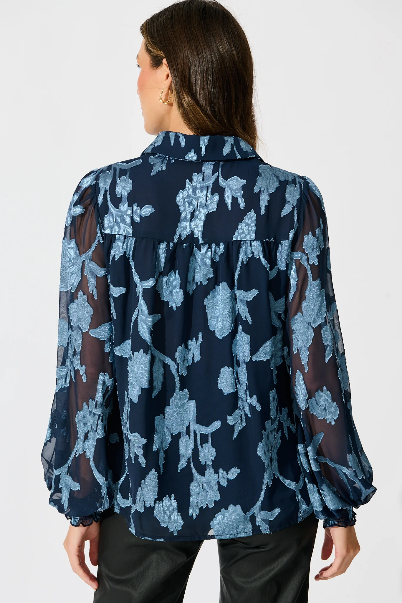 Irene Shirt in Navy with Blue Floral Burnout Chiffon - Image 3