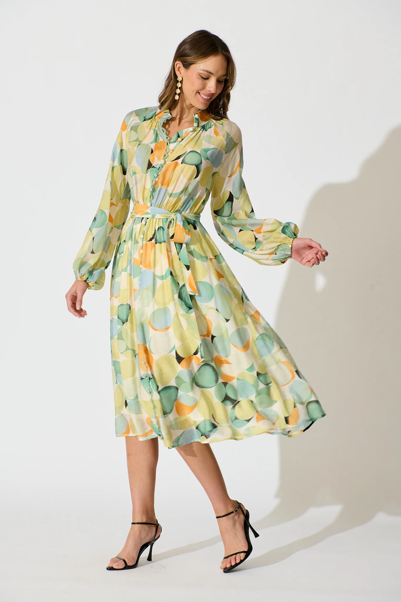 Isabeau Midi Dress in Green with Multi Watercolour Spot - Image 3
