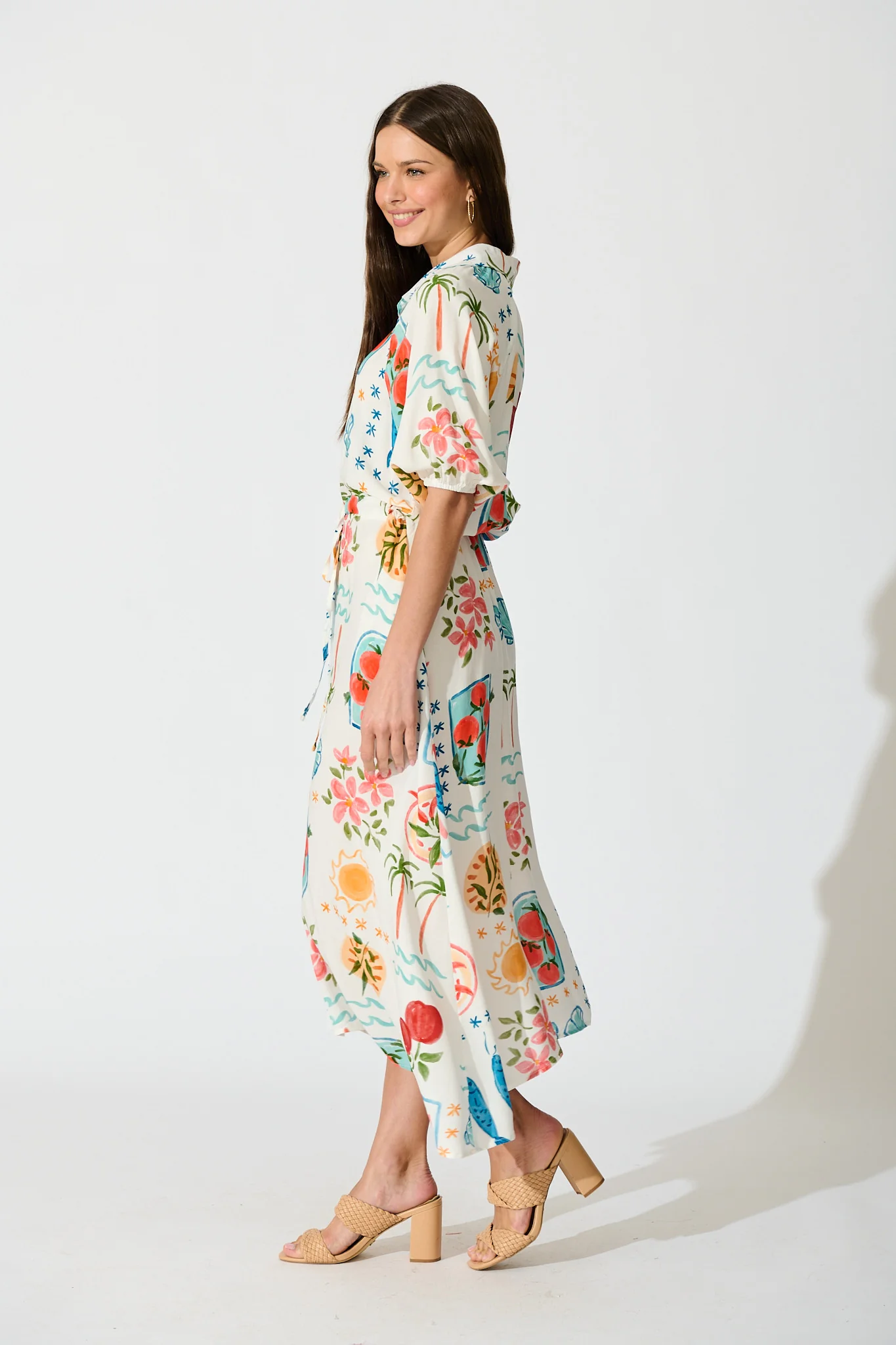 Isla Botanica Midi Shirt Dress in Cream with Multi Conversational Print - Image 3