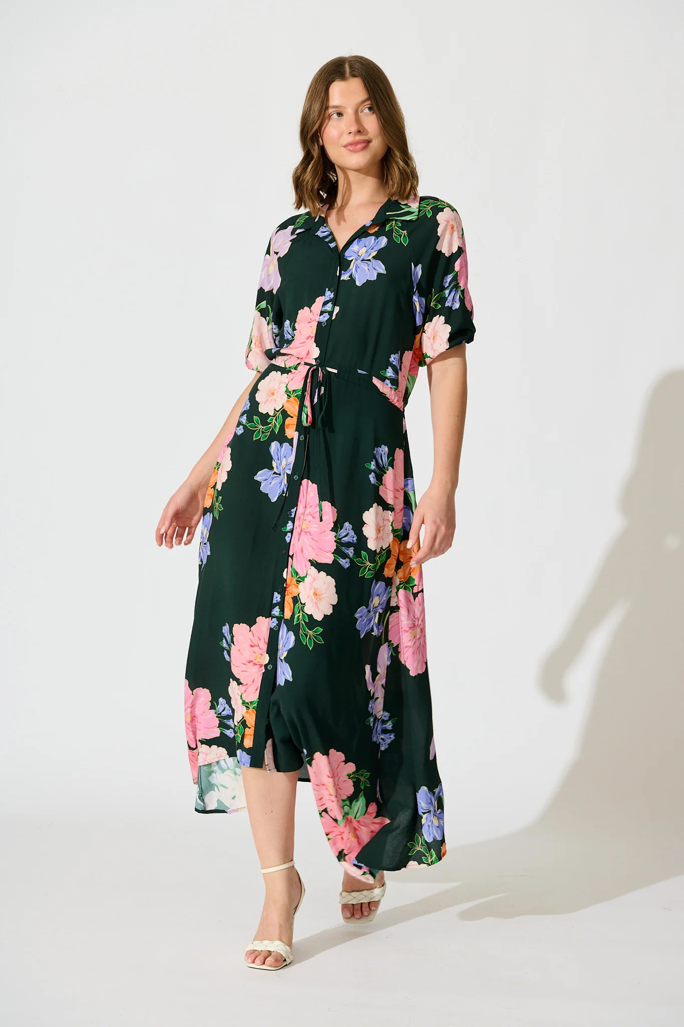 Isla Botanica Midi Shirt Dress in Green with Multi Floral - Image 3