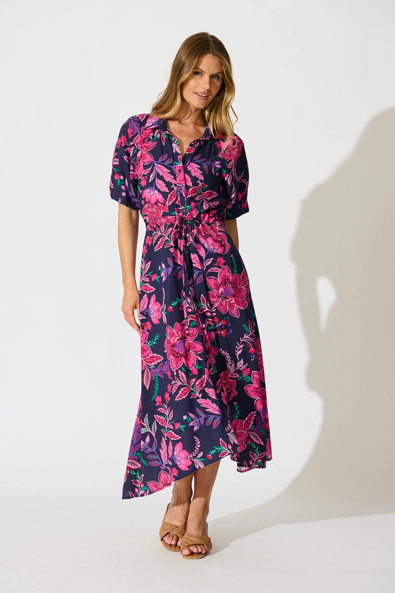 Isla Botanica Midi Shirt Dress in Navy with Pink Floral - Image 3