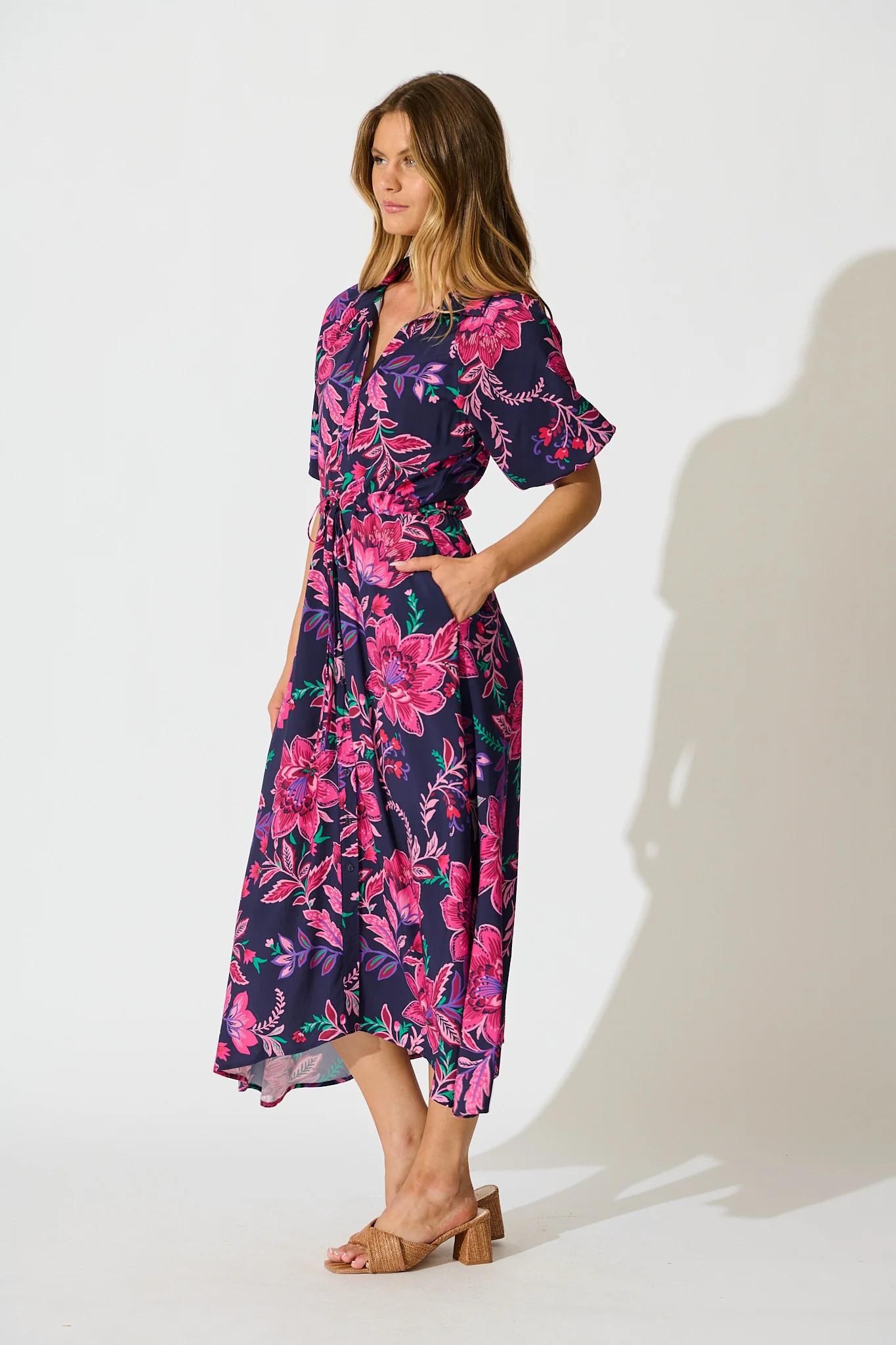 Isla Botanica Midi Shirt Dress in Navy with Pink Floral - Image 6