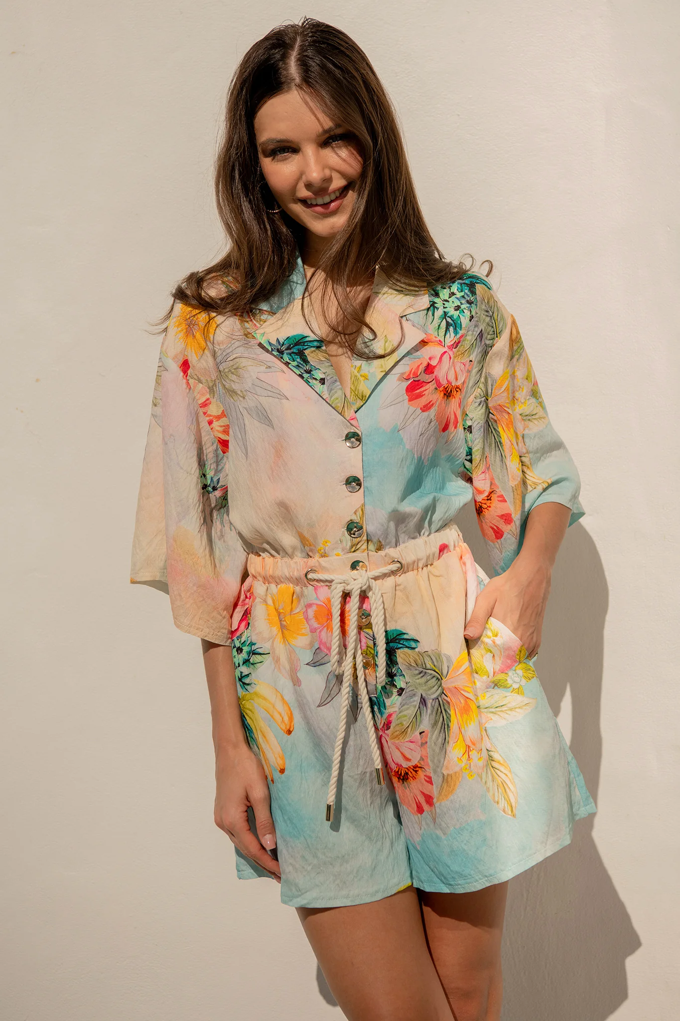 Island Dreamscape Playsuit in Multi Tropical Floral Print - Image 4