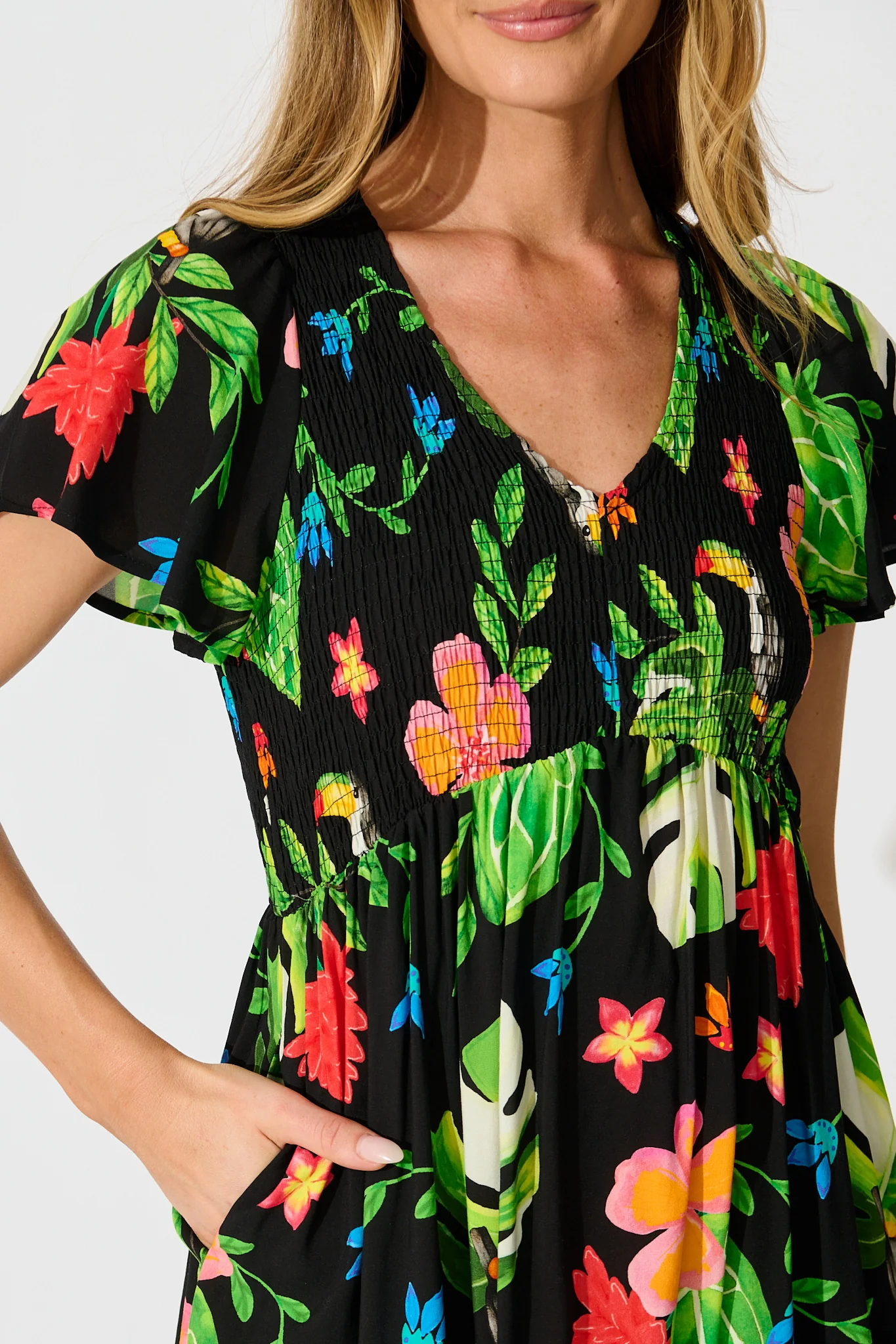 Island Escape Dress in Black with Multi Tropical Print - Image 5
