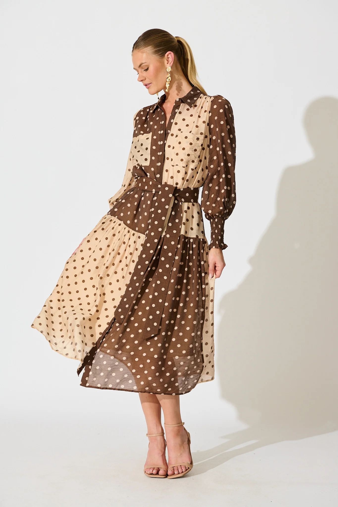 Isley Midi Shirt Dress in Multi Brown Polka Dot