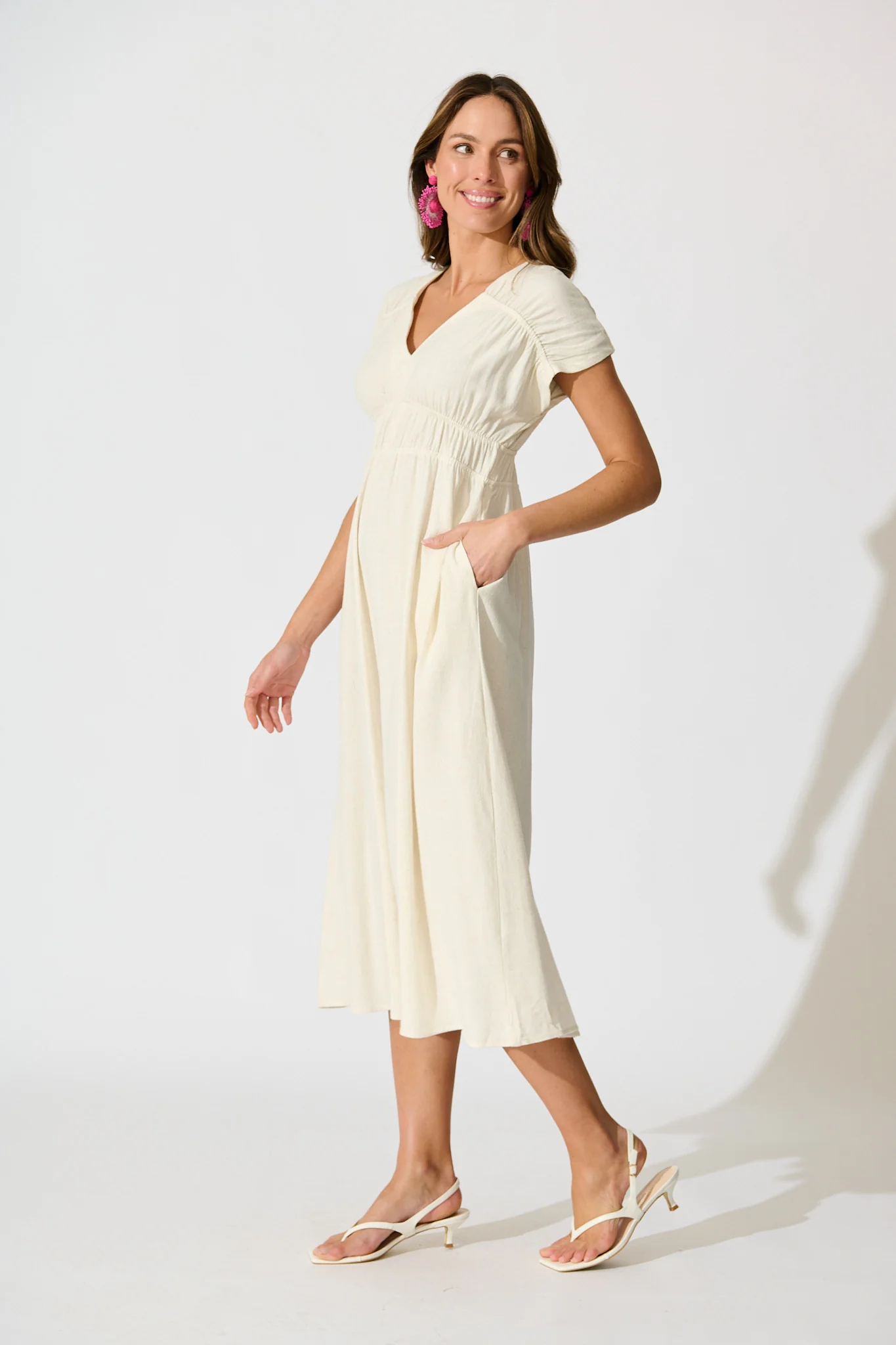Ismaria Midi Dress in Oatmeal Linen Blend - Image 3