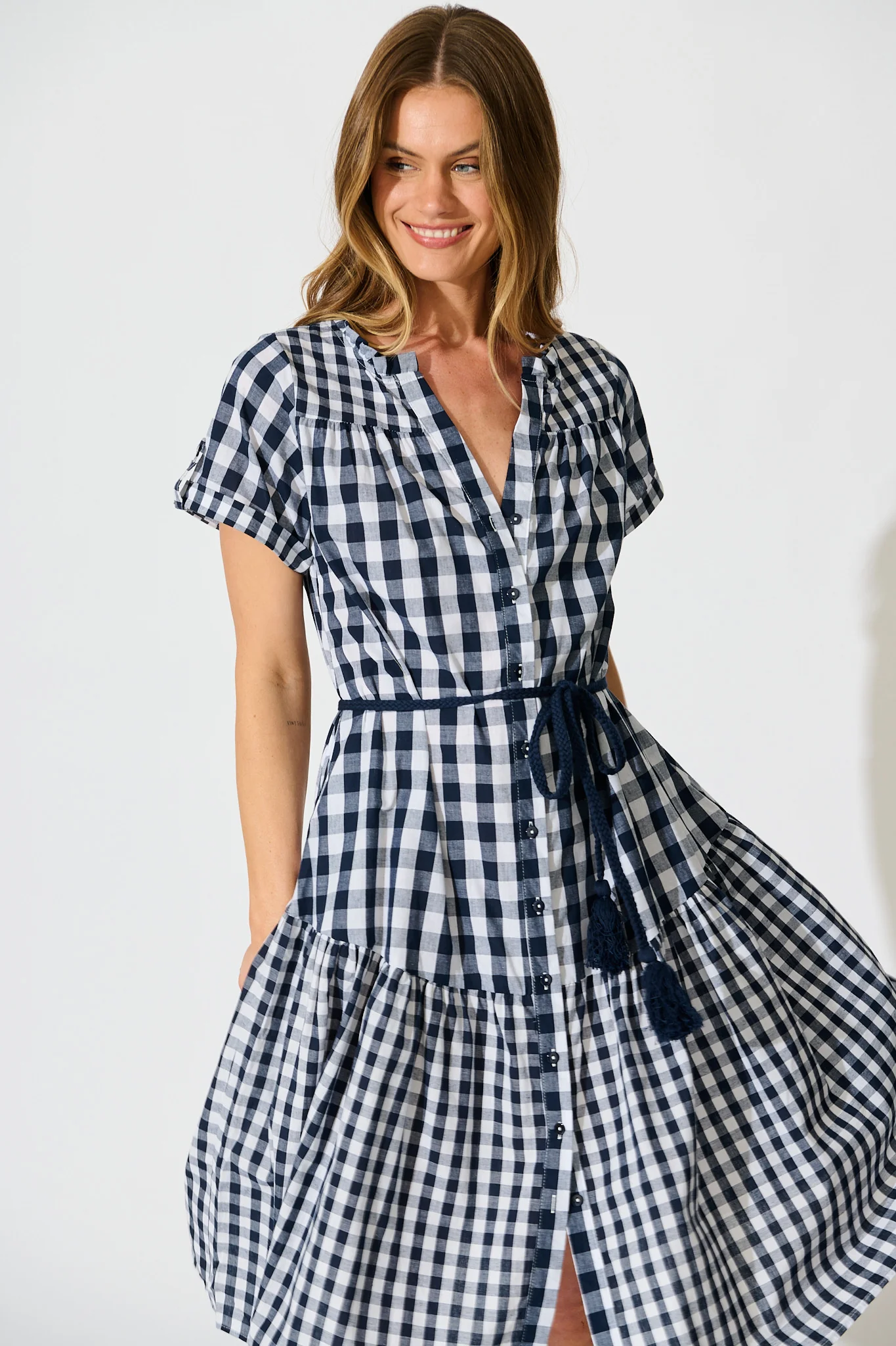 Ivara Midi Smock Dress in Navy Gingham Check Cotton - Image 2
