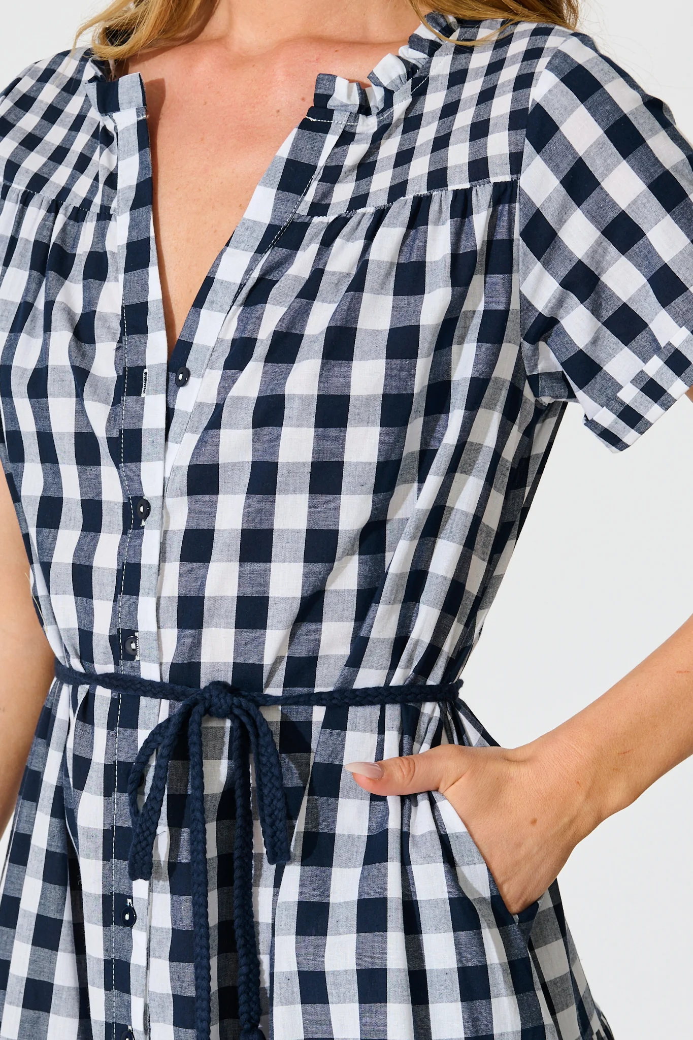 Ivara Midi Smock Dress in Navy Gingham Check Cotton - Image 5
