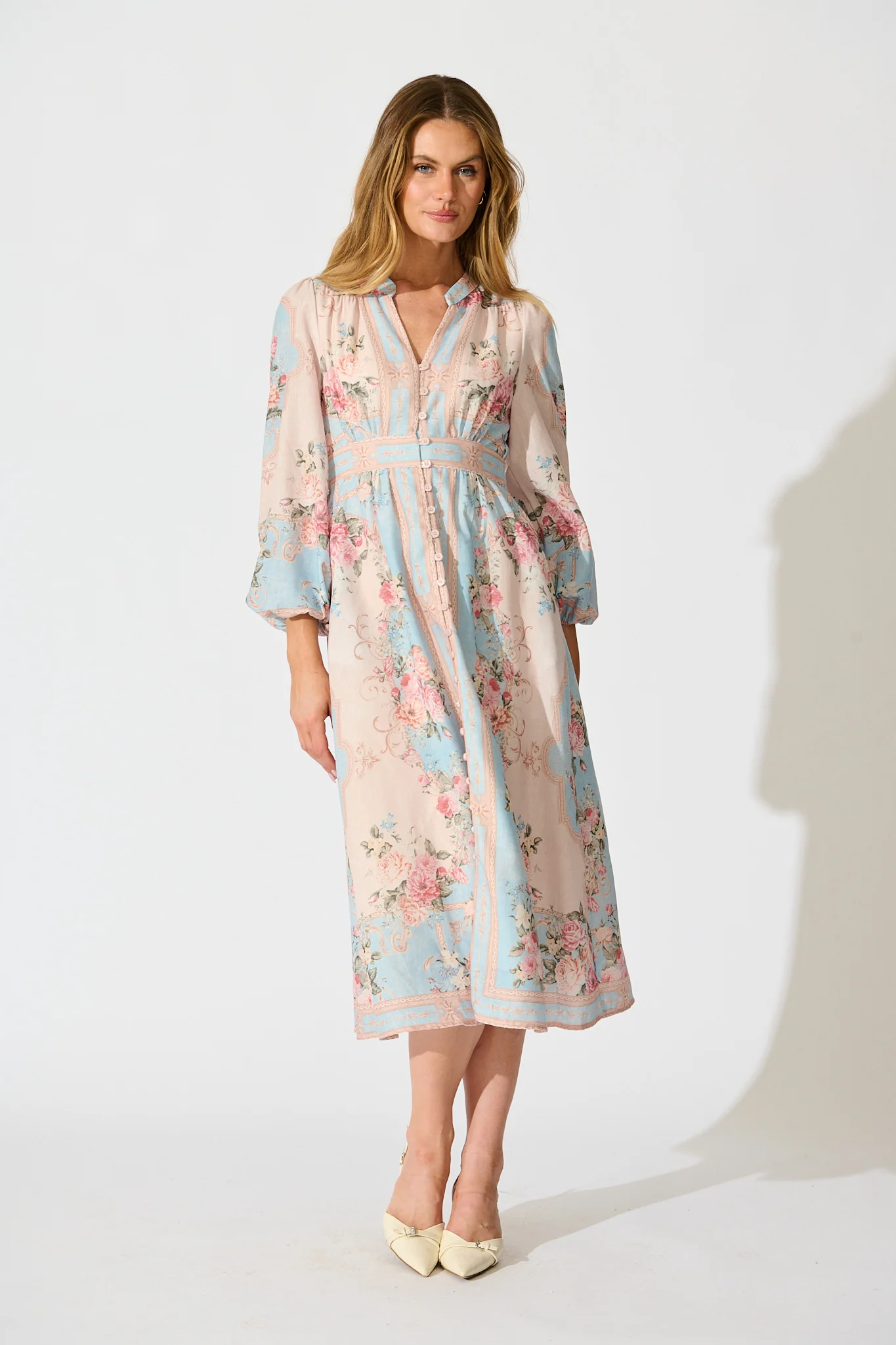 Izara Midi Dress in Pink and Blue Placement Linen Blend