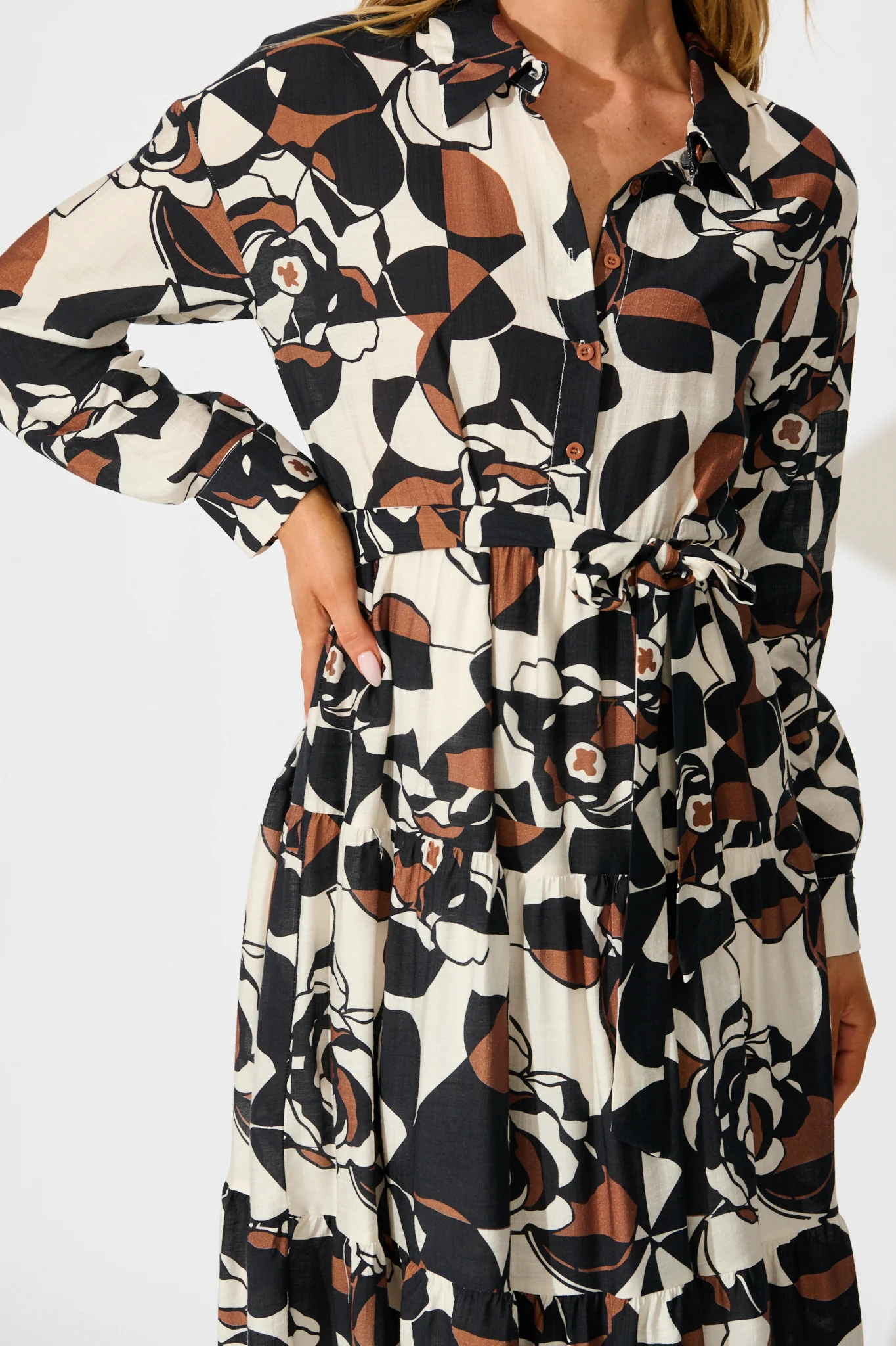 Jada Midi Dress in White with Black and Brown Print - Image 5