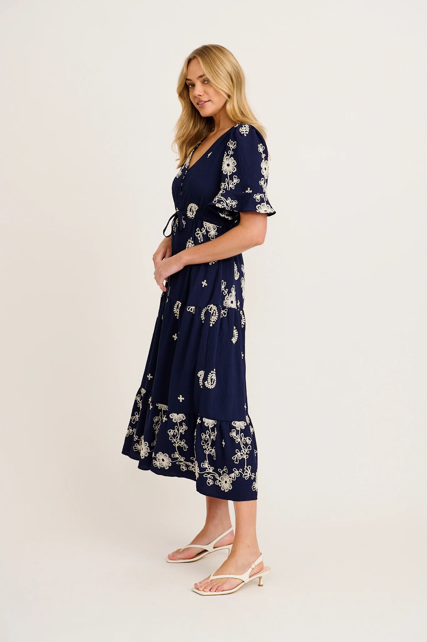 Jaliyah Maxi Dress in Navy with White Embroidery - Image 3