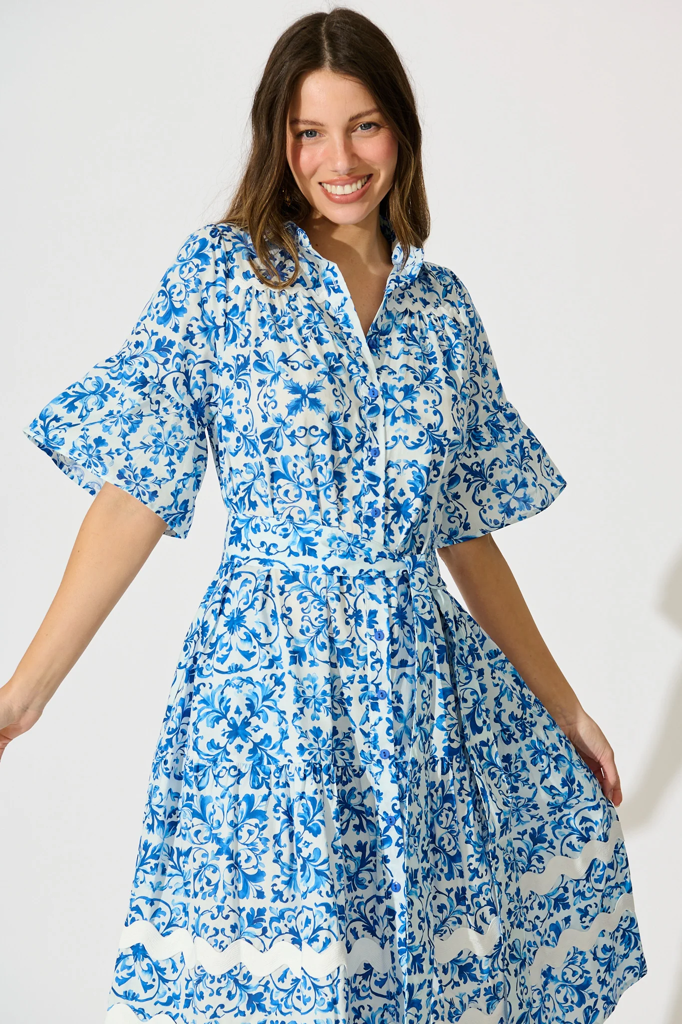 Janella Midi Dress in White with Blue Cotton - Image 2