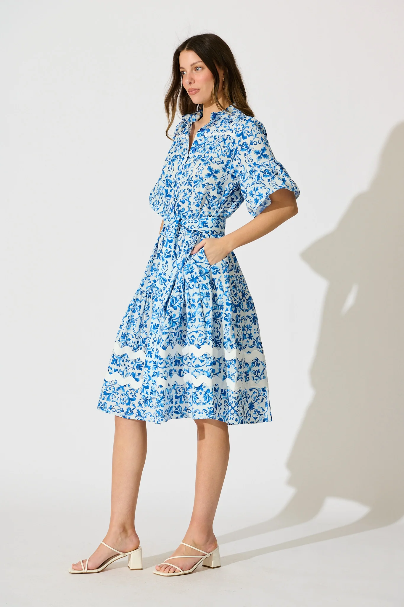 Janella Midi Dress in White with Blue Cotton - Image 3