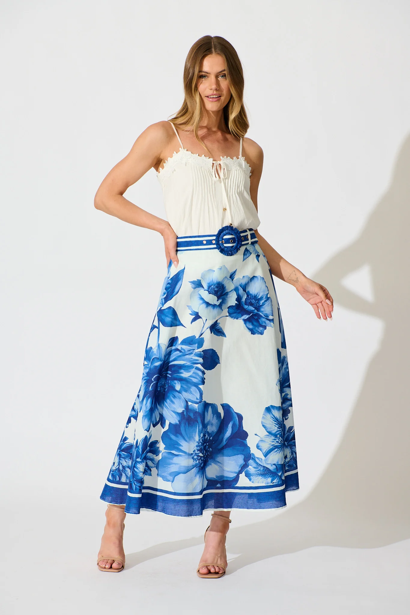 Jannie Maxi Skirt in Blue Floral Border Print Cotton - Image 4