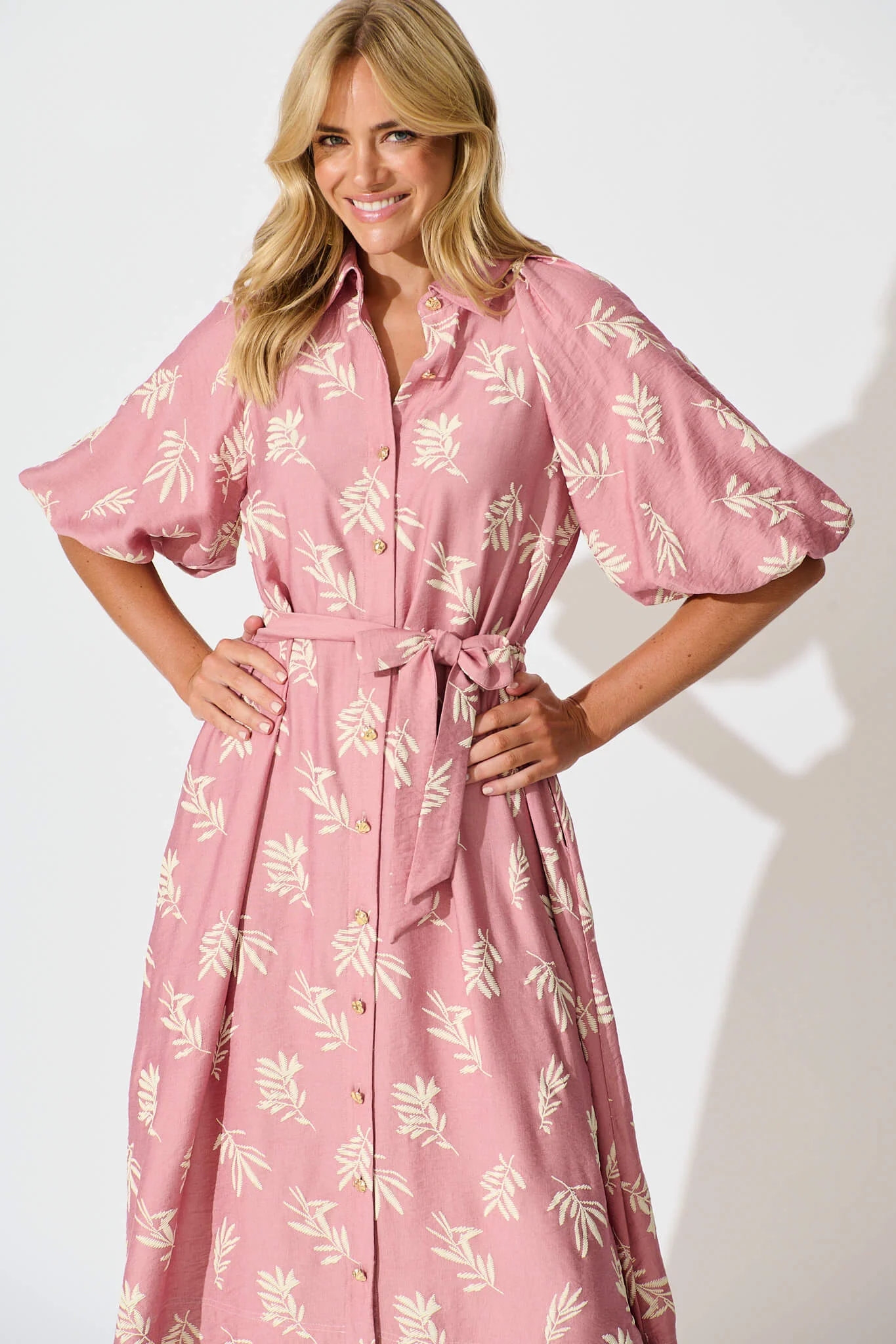 Jasmine Midi Shirt Dress in Dusty Rose with Cream Leaf - Image 2