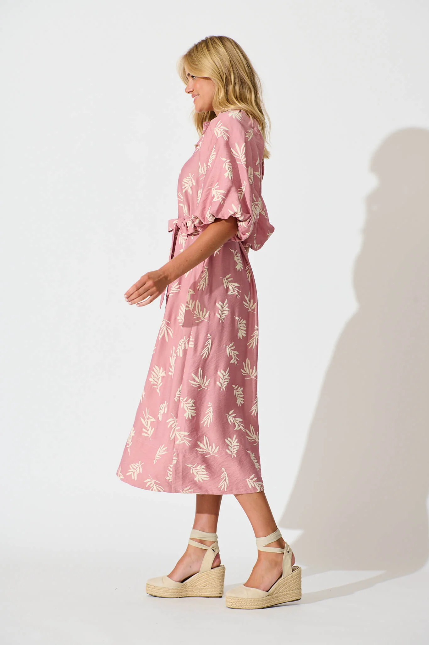 Jasmine Midi Shirt Dress in Dusty Rose with Cream Leaf - Image 3