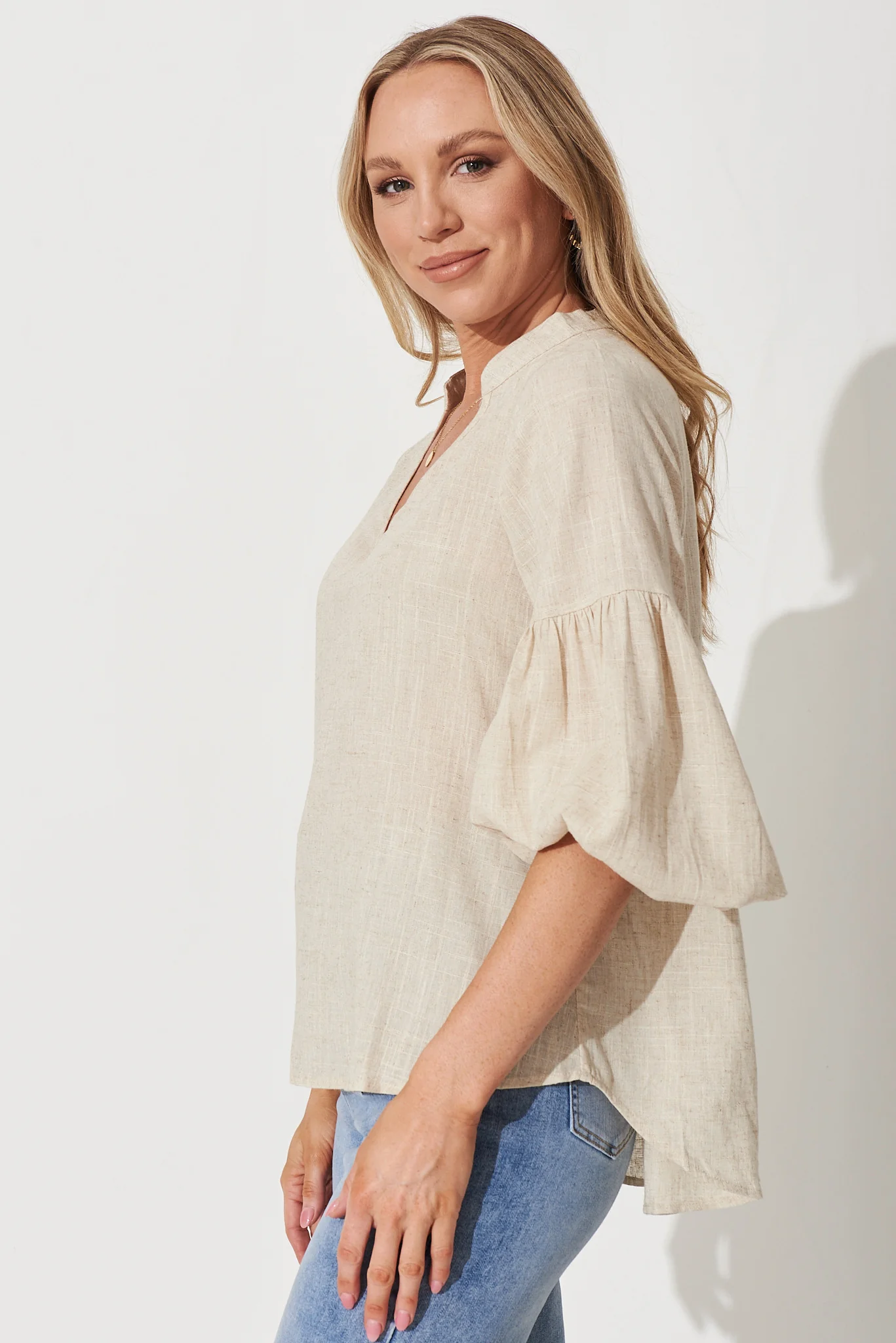 Jasper Top In Oatmeal Linen Blend - Image 2