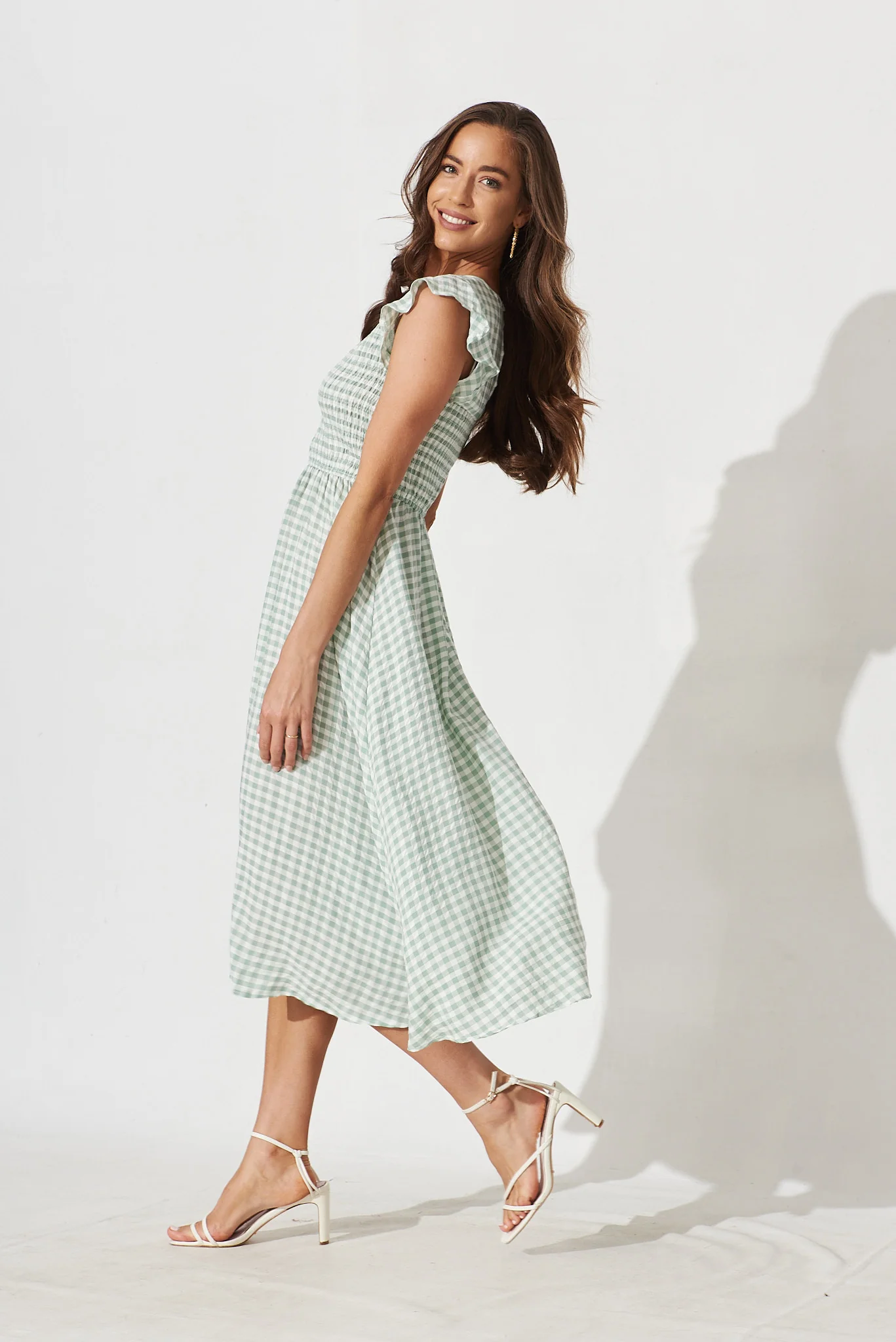 Jeannie Midi Dress In Green With White Gingham - Image 3