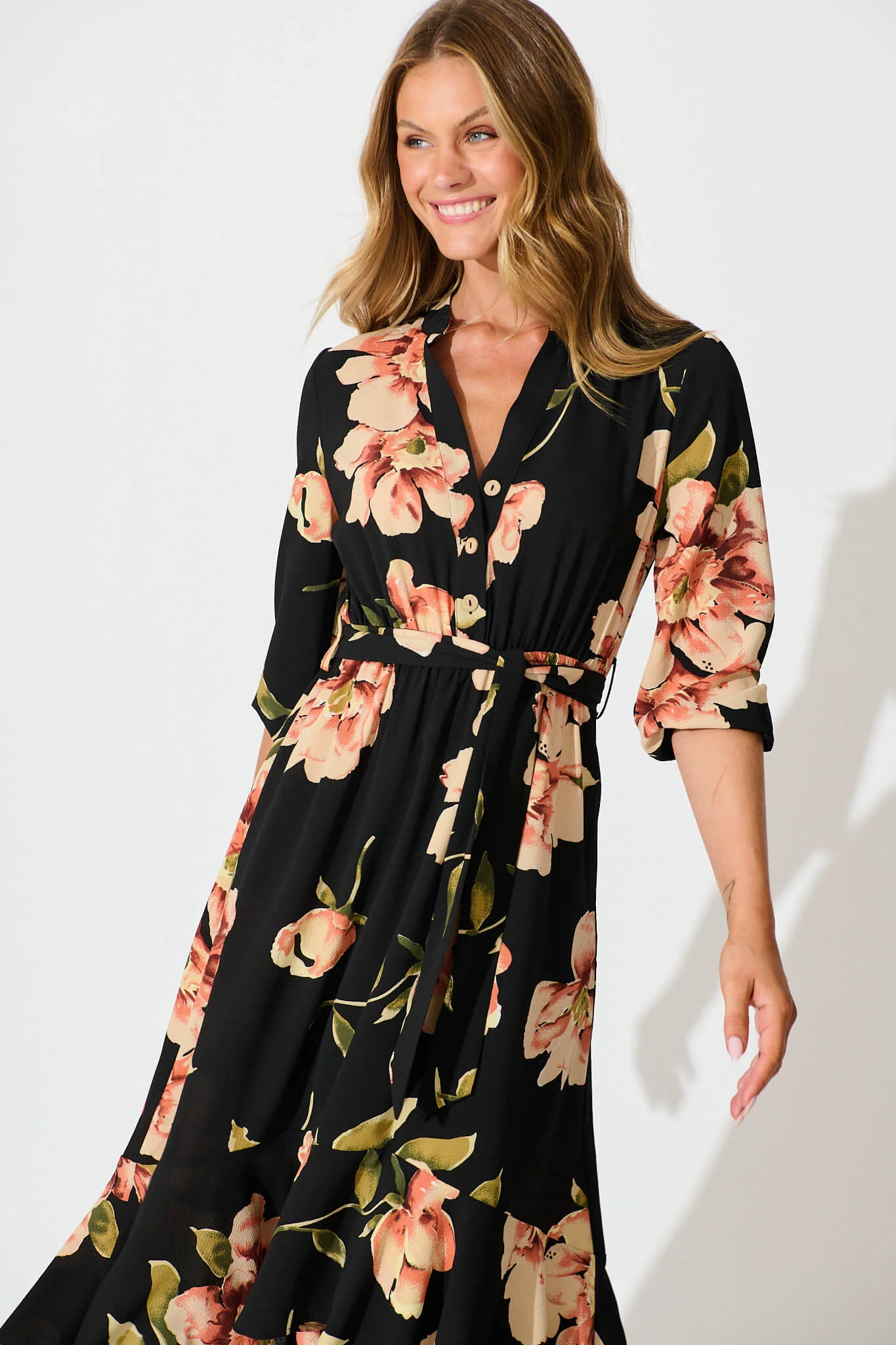Jemimah Midi Dress In Black with Blush Floral - Image 2