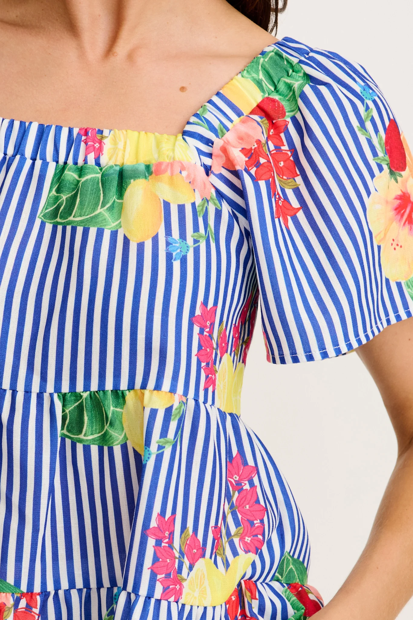 Jemma Off Shoulder Top in Blue Stripe Print Linen Blend - Image 11