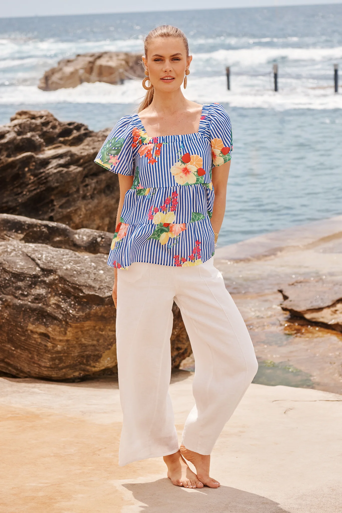 Jemma Off Shoulder Top in Blue Stripe Print Linen Blend - Image 2