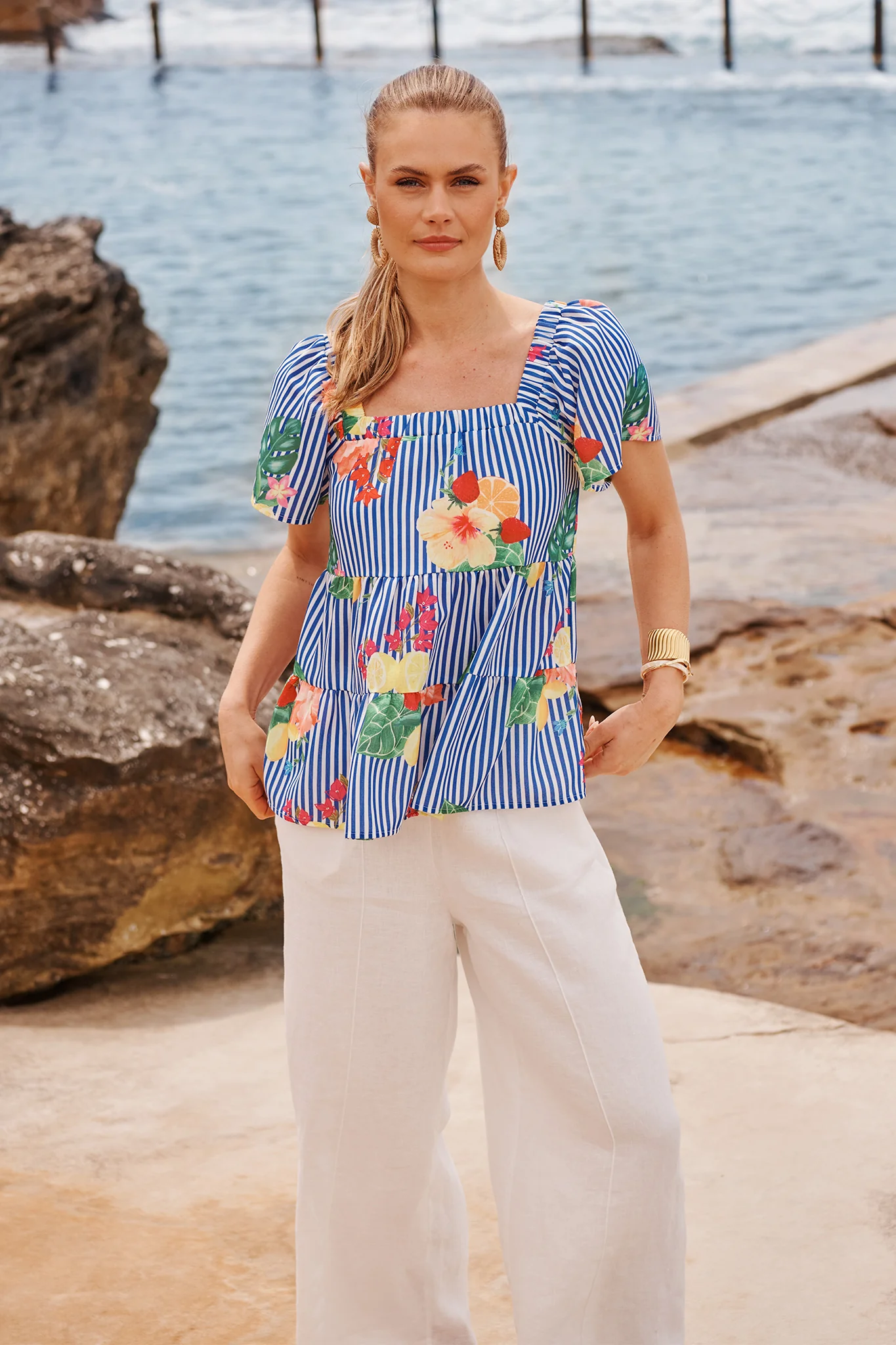 Jemma Off Shoulder Top in Blue Stripe Print Linen Blend - Image 4