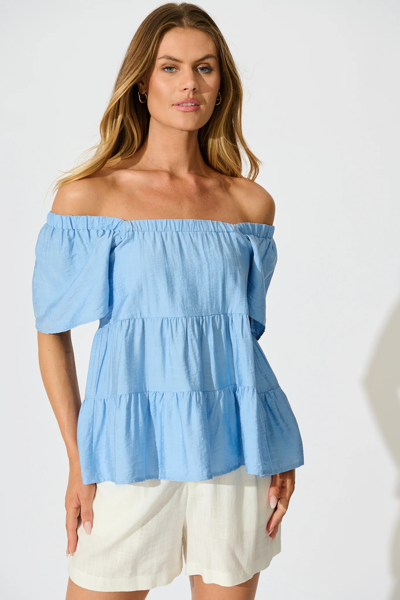 Jemma Off Shoulder Top in Light Blue Linen Blend