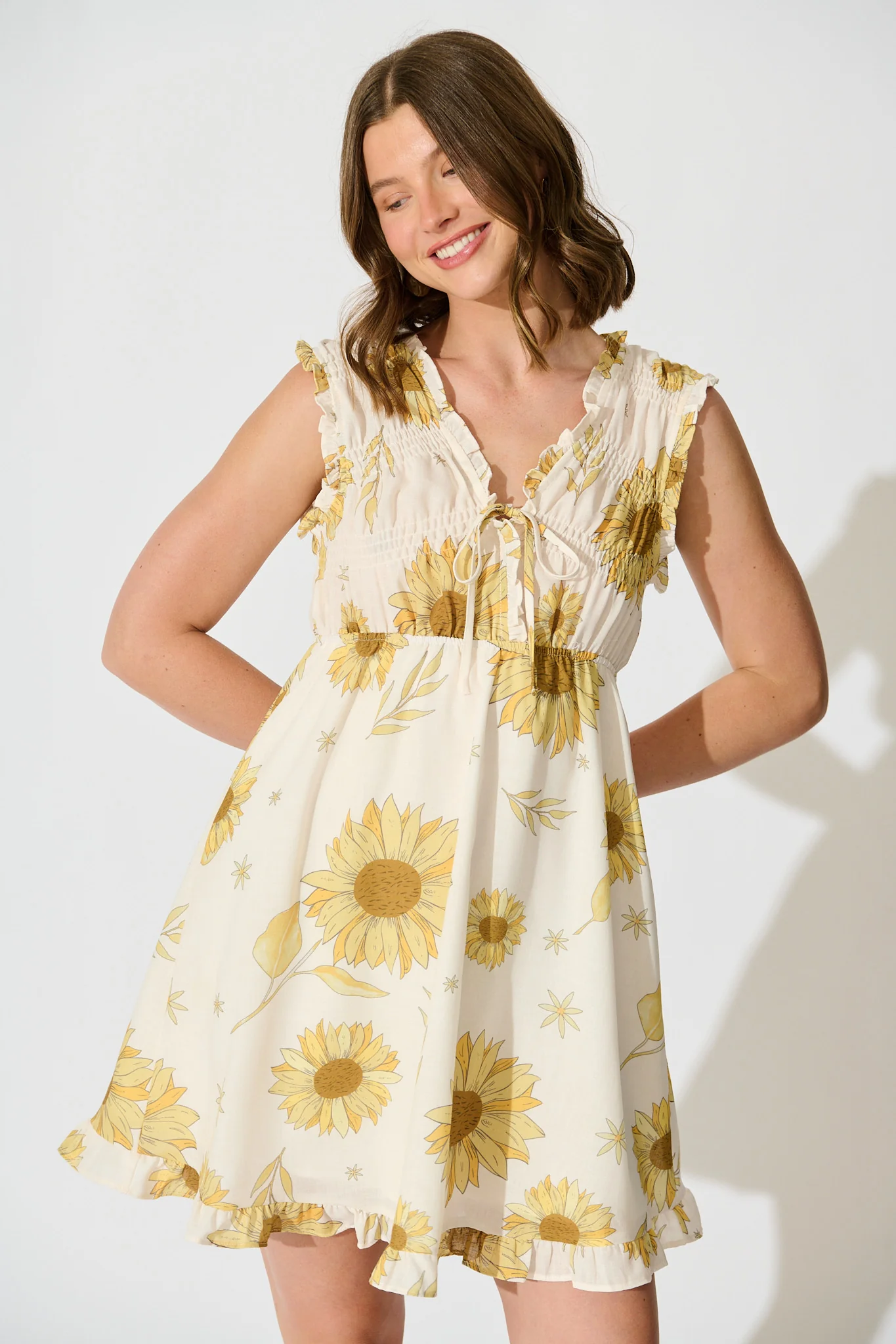 Jenavive Dress in Cream with Yellow Sunflower Linen Blend - Image 2