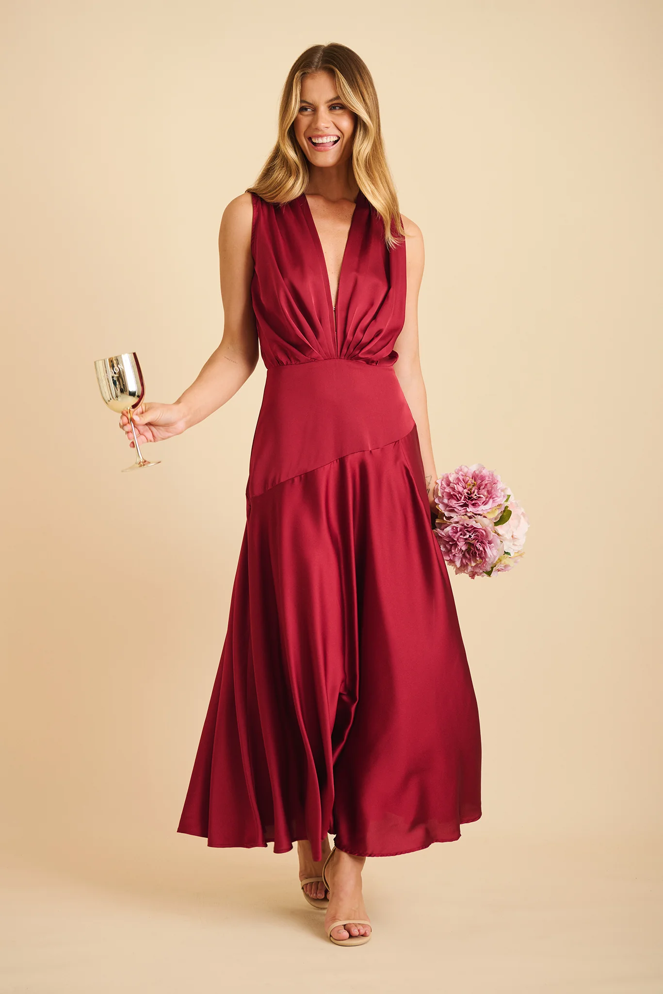 Jenibelle Maxi Dress in Wine Satin - Image 2