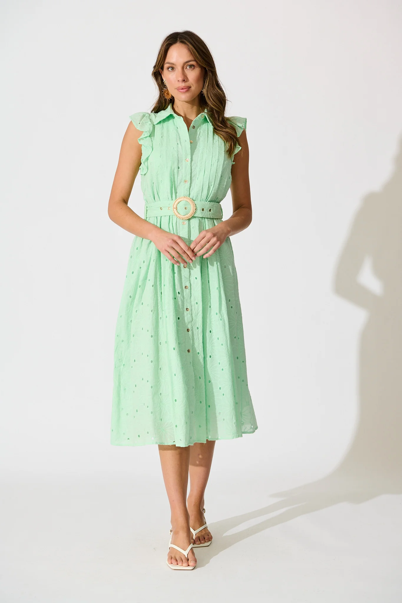 Jepson Midi Shirt Dress in Mint Broderie Cotton
