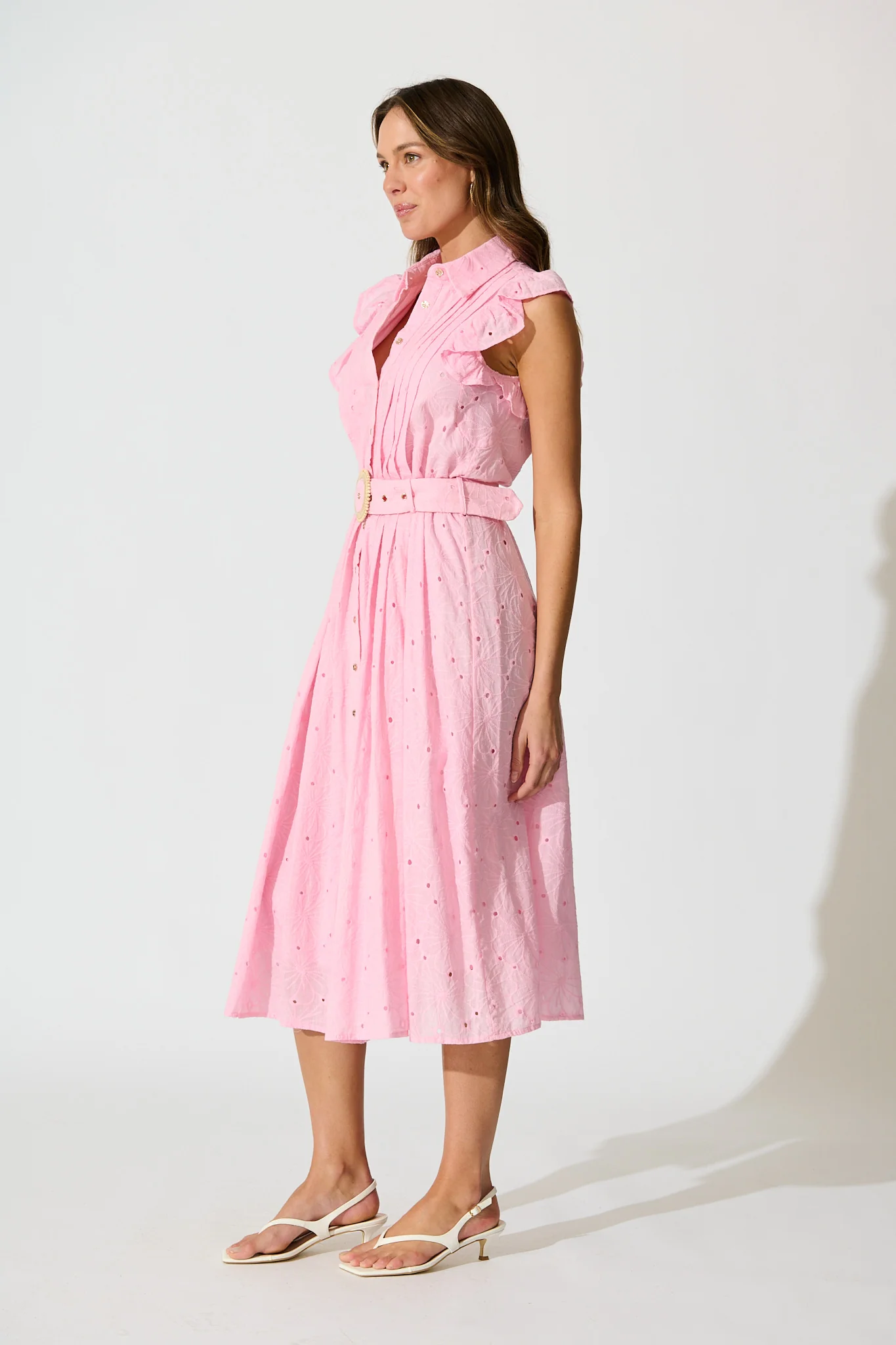 Jepson Midi Shirt Dress in Pink Broderie Cotton - Image 3