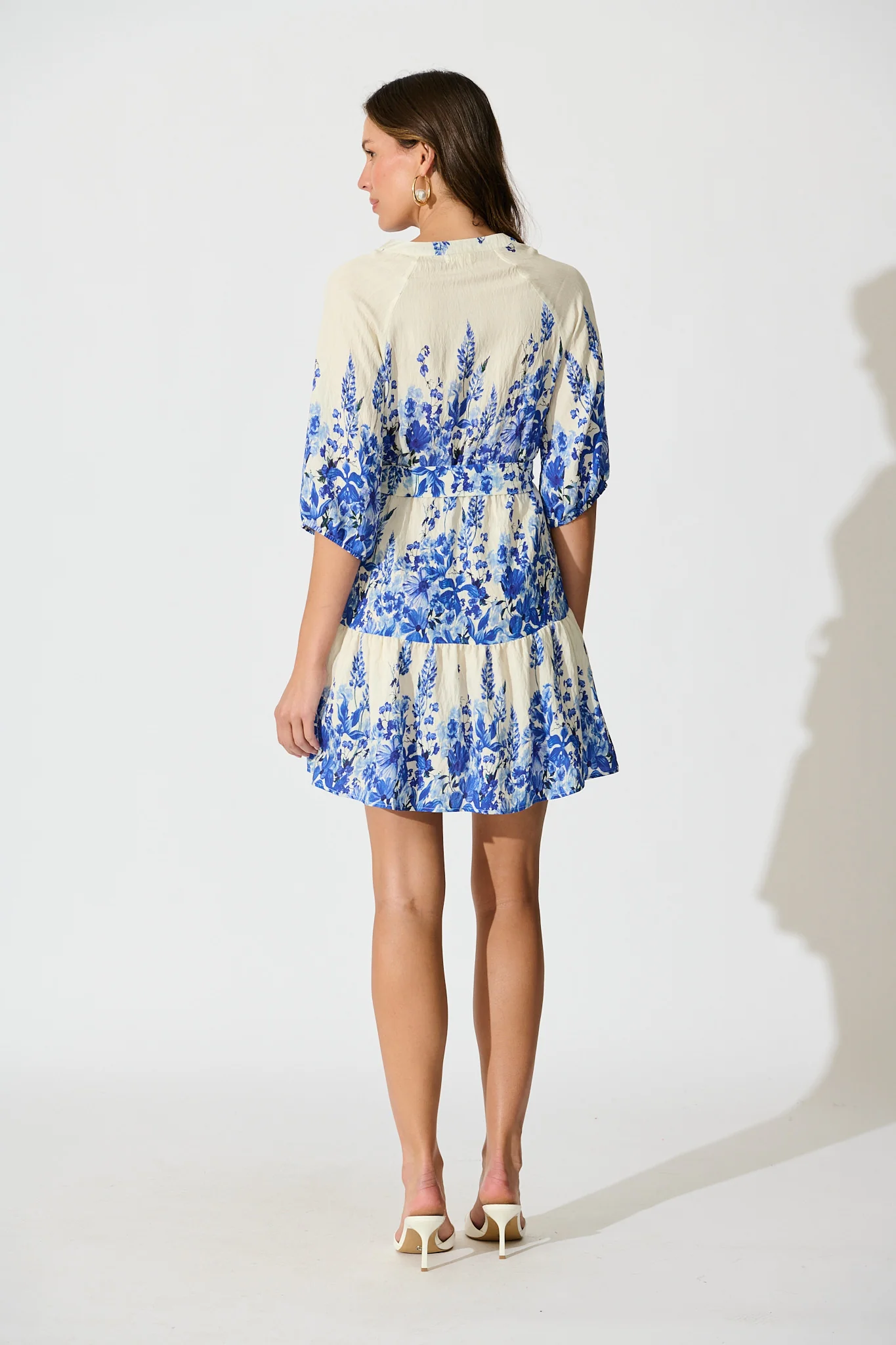 Jianna Dress in White with Blue Floral Linen Blend - Image 4
