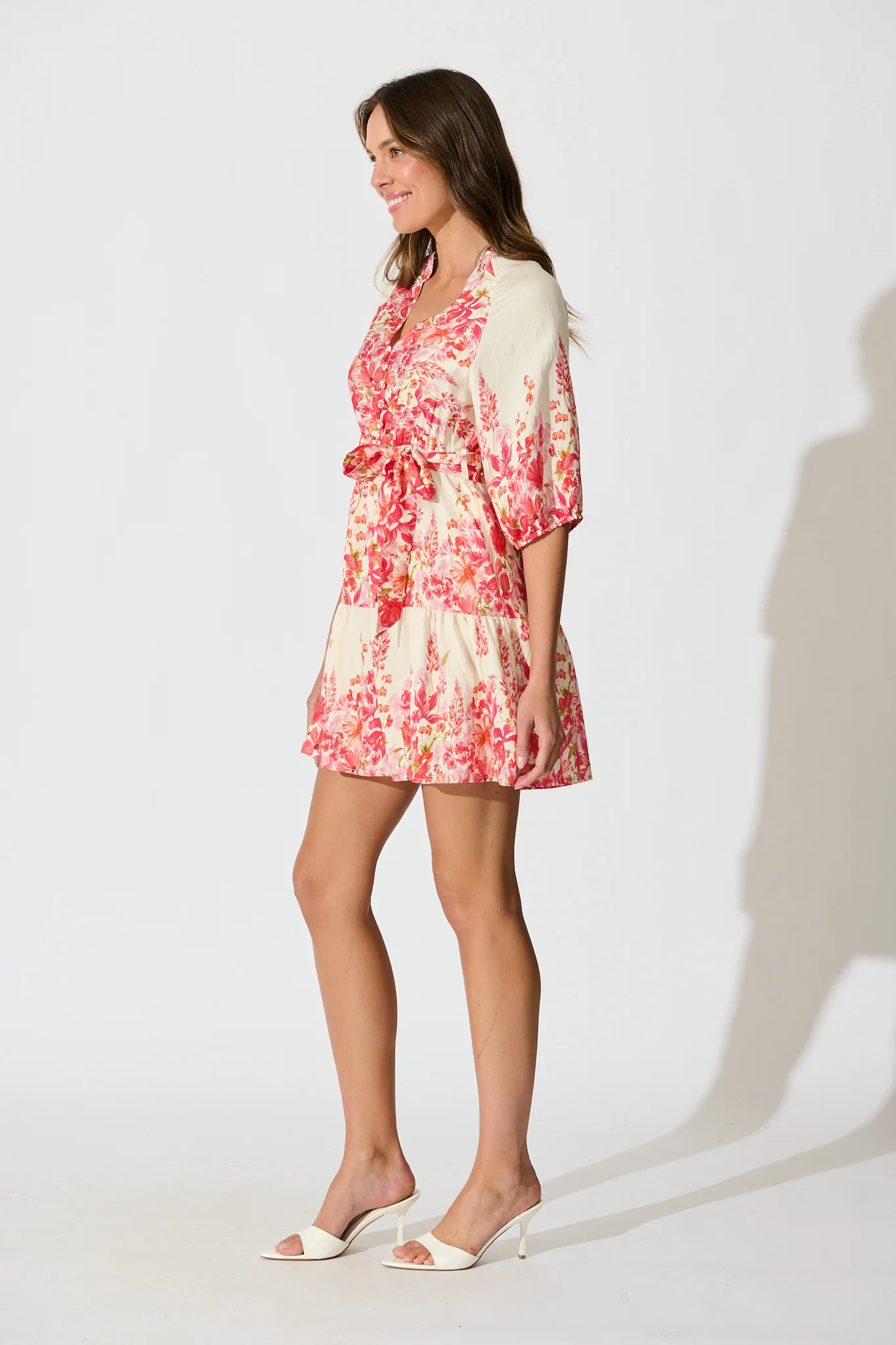 Jianna Dress in White with Pink Floral Linen Blend - Image 3