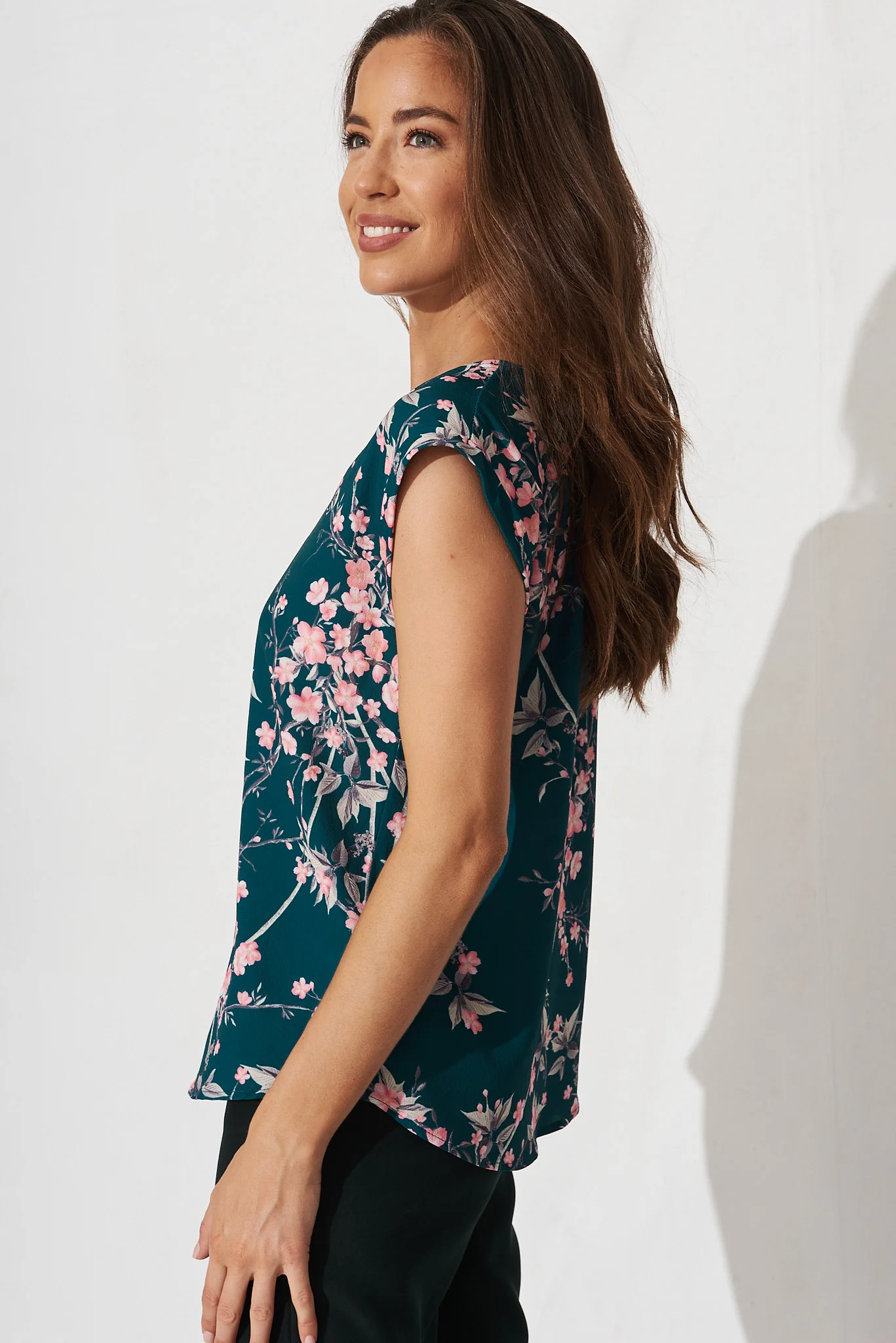 Jina Top In Teal With Pink Cherry Blossom - Image 4