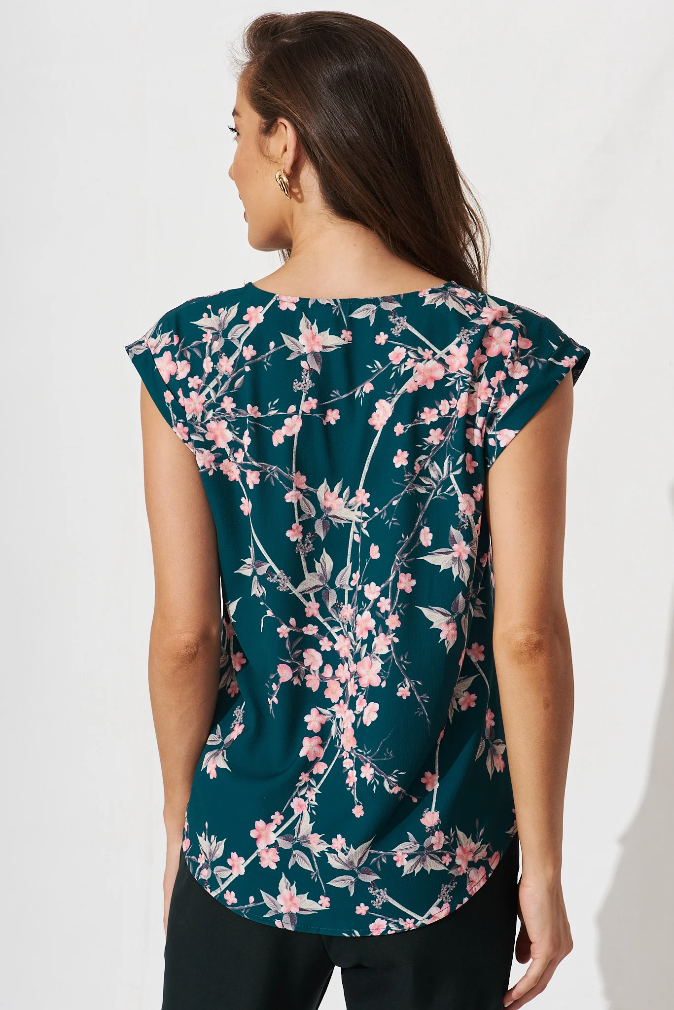 Jina Top In Teal With Pink Cherry Blossom - Image 5